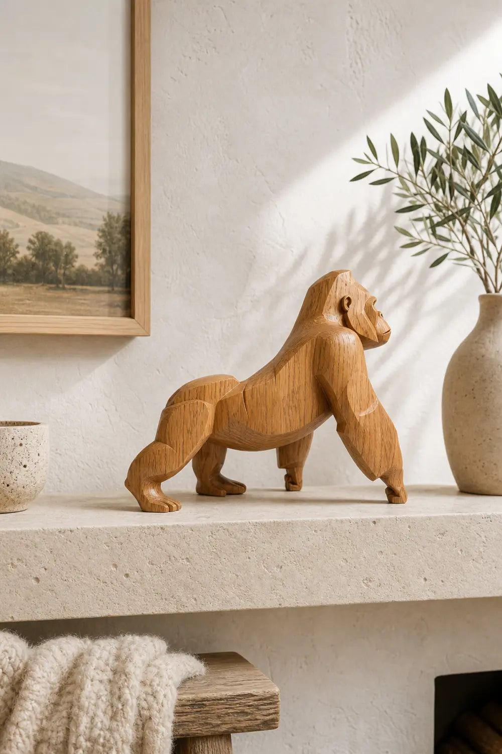 Hand-Carved Wooden Gorilla Sculpture Modern Animal Statue For Home Decor
