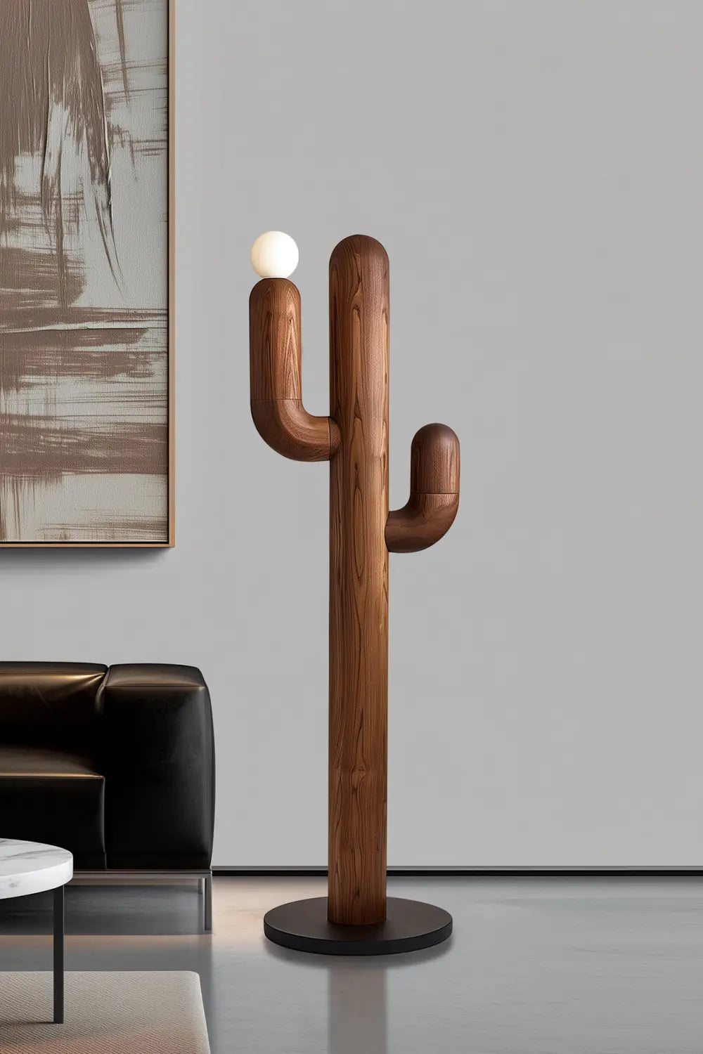 Modern Walnut Cactus Floor Lamp Minimalist Wooden Light Sculpture For Living Room Decor