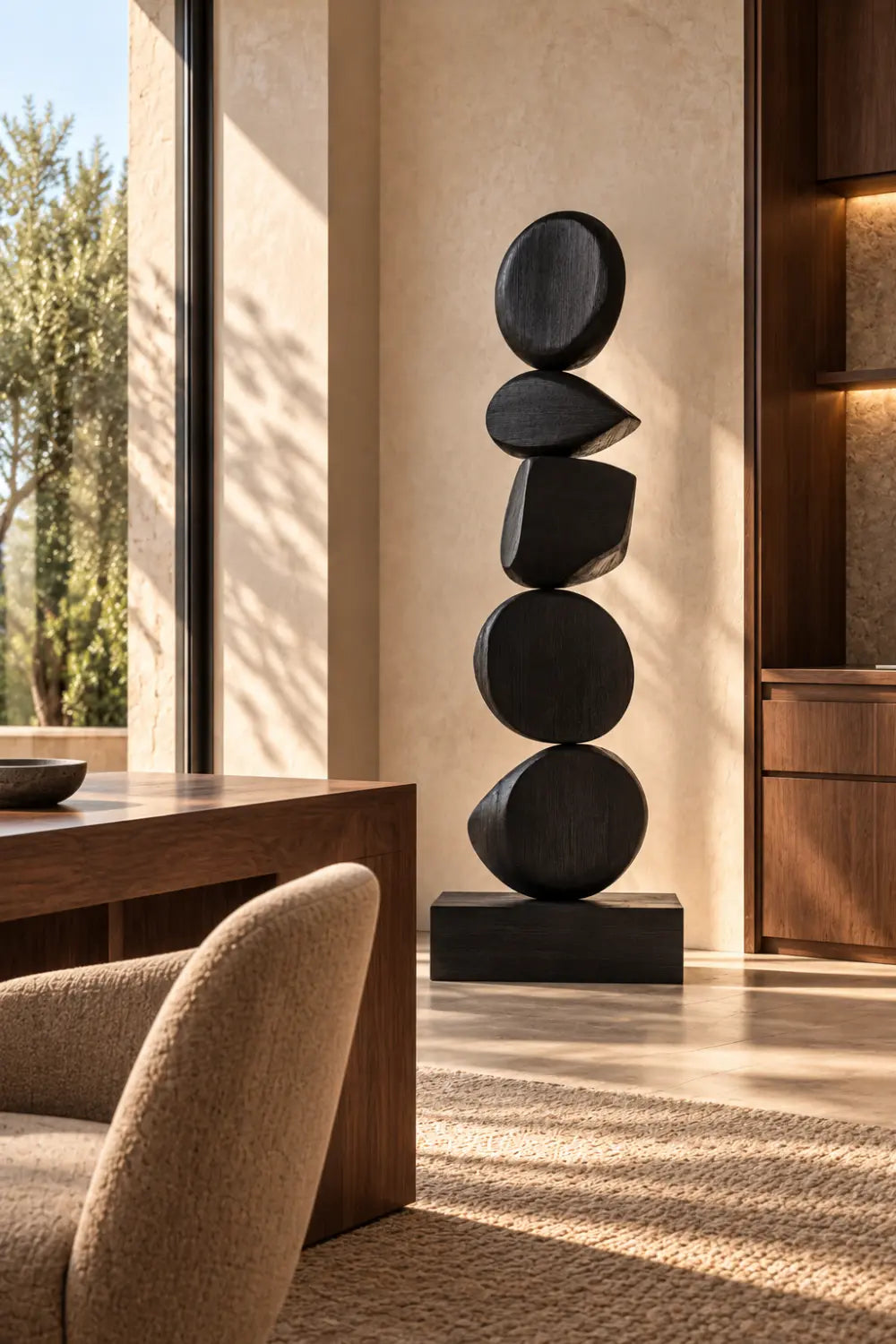 Large Black Abstract Wood Sculpture For Modern Minimalist Home Decor
