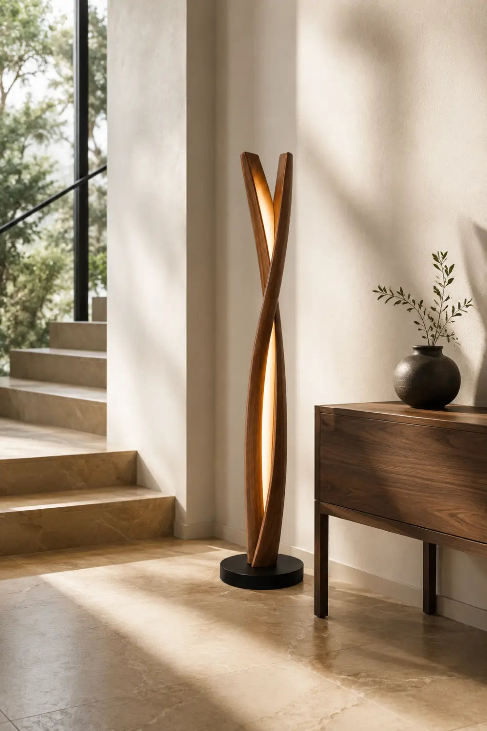 Handcrafted Wooden Sculpture Lamp Abstract Twist Design Ambient Lighting For Luxury Interiors