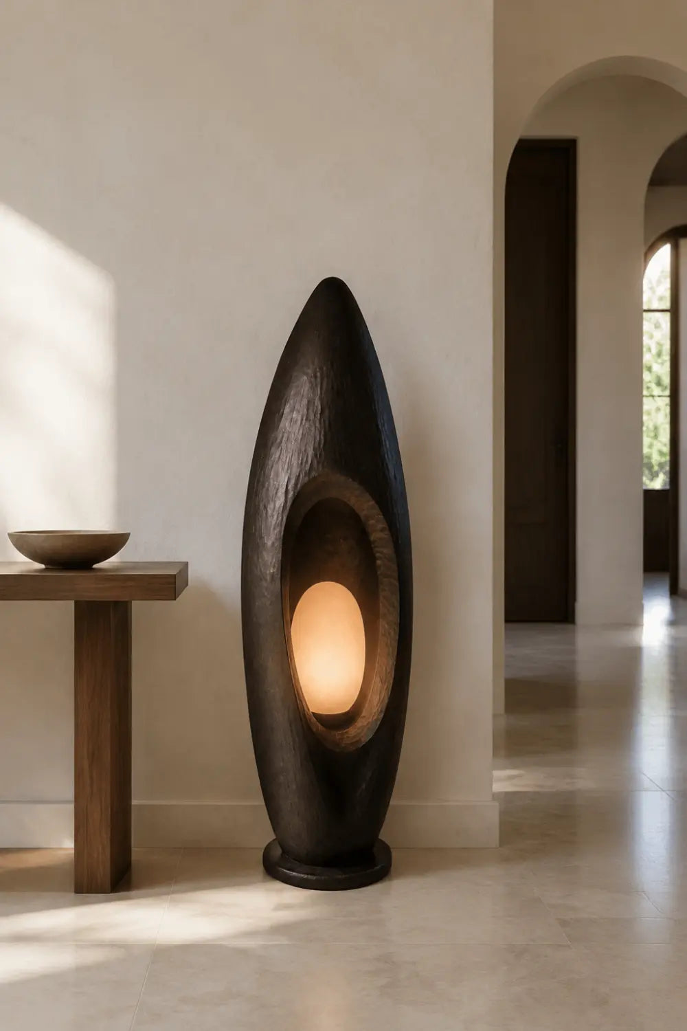 Hand Carved Walnut Floor Lamp Modern Abstract Wood Light Fixture For Living Room Decor
