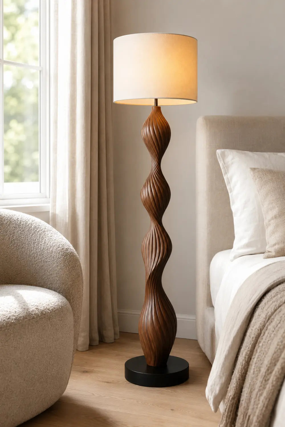 Modern Spiral Wood Floor Lamp With Warm Linen Shade For Contemporary Living Rooms