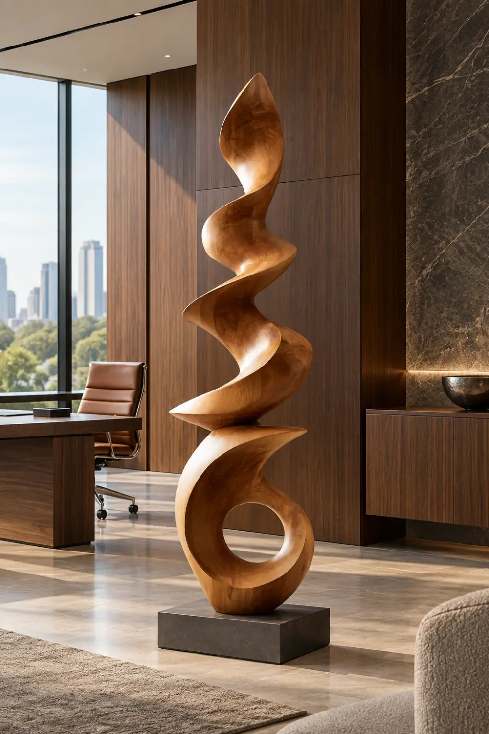 Large Spiral Wood Floor Sculpture | Abstract Open Ring Statue For Living Space