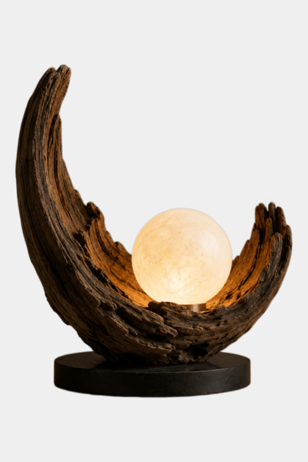 Abstract Wooden Sculpture Lamp Crescent Shape With Warm Light For Living Room