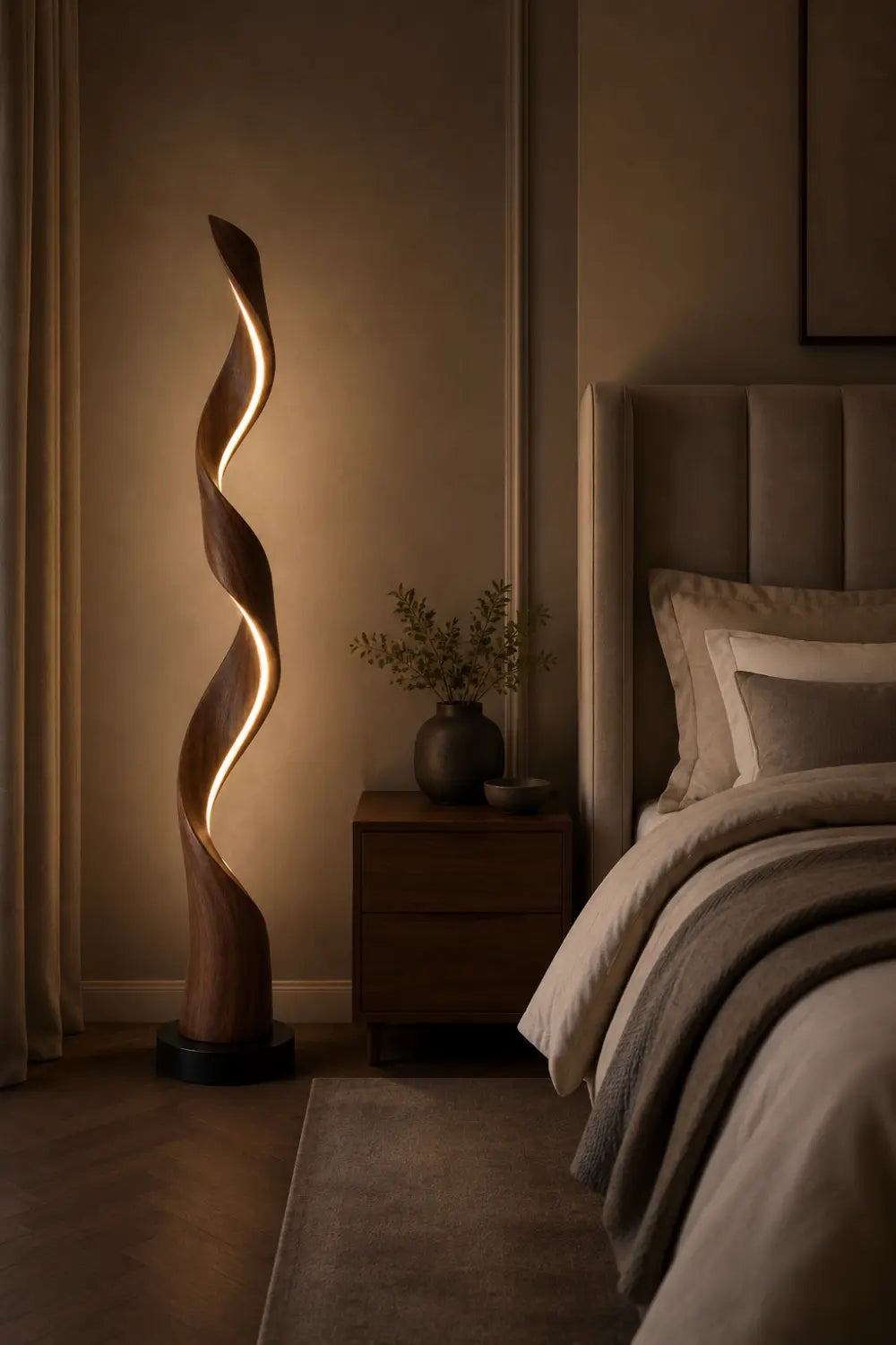 Handcrafted Spiral Wooden Floor Lamp With Warm LED Light For Modern Living Rooms And Luxury Interiors