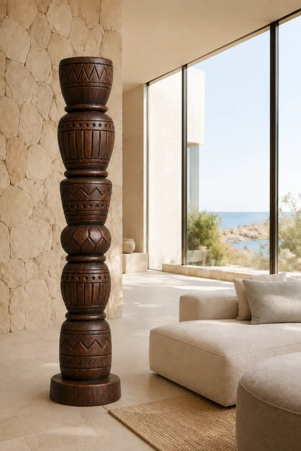 Stacked Geometric Wood Floor Sculpture | Tall Pillar Decor For Living Space