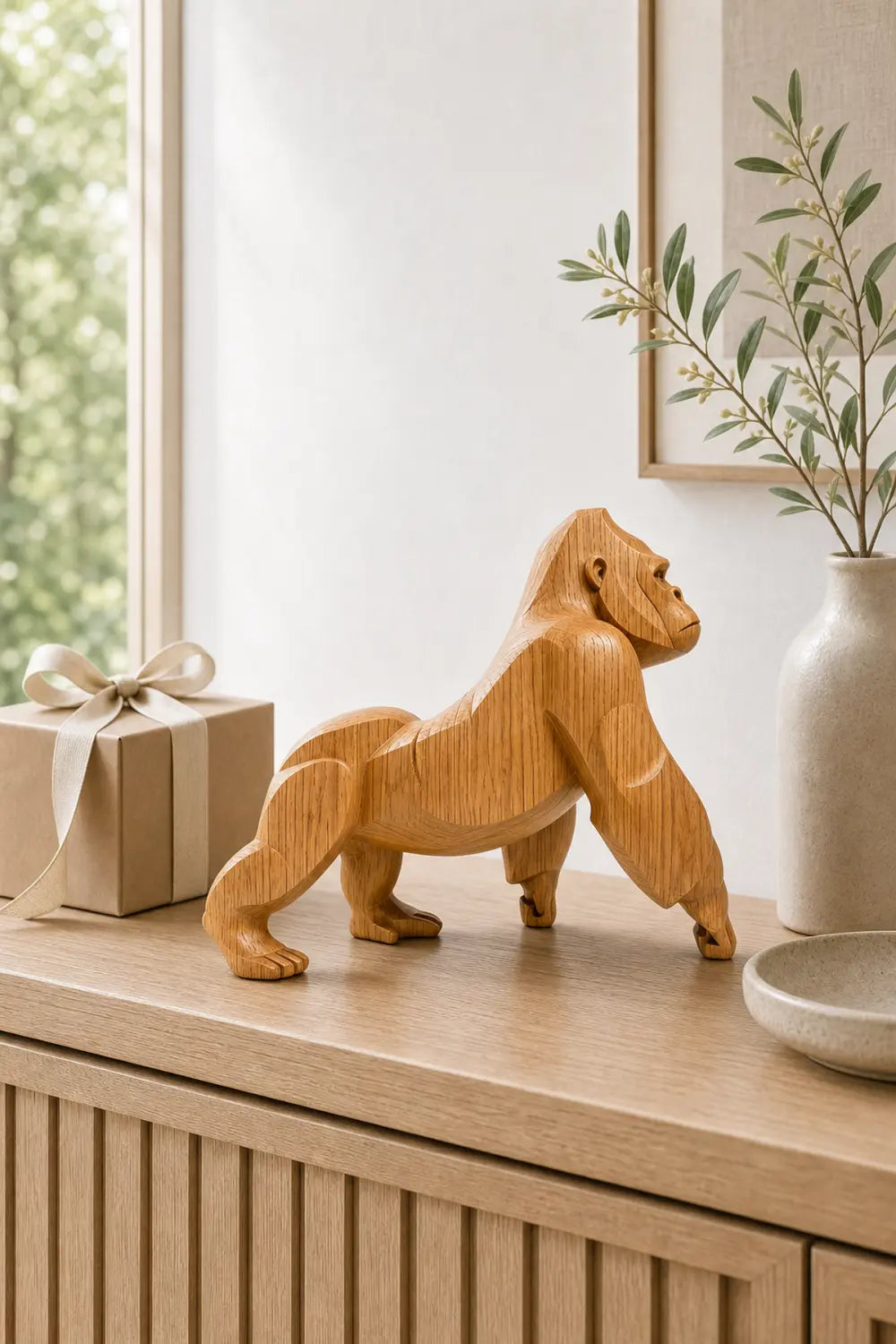 Hand-Carved Wooden Gorilla Sculpture Modern Animal Statue For Home Decor