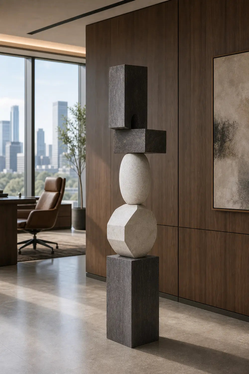 Large Abstract Wooden Sculpture For Modern Living Rooms - Minimalist Floor Art Decor