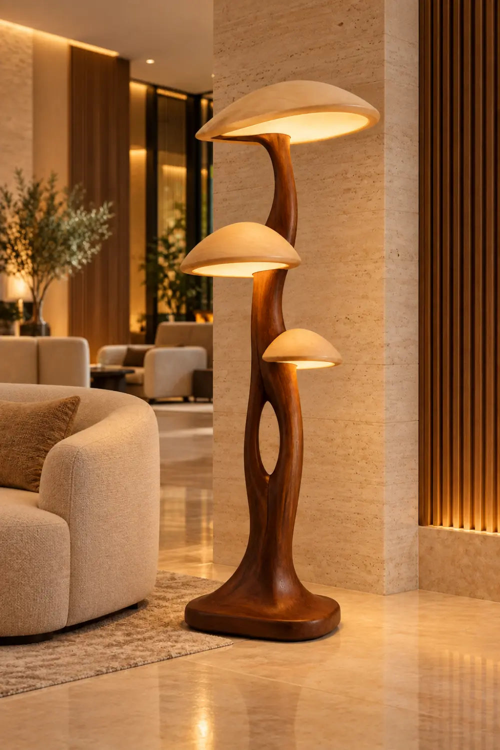 Hand-Carved Wooden Floor Lamp With Mushroom Shades For Modern Living Rooms