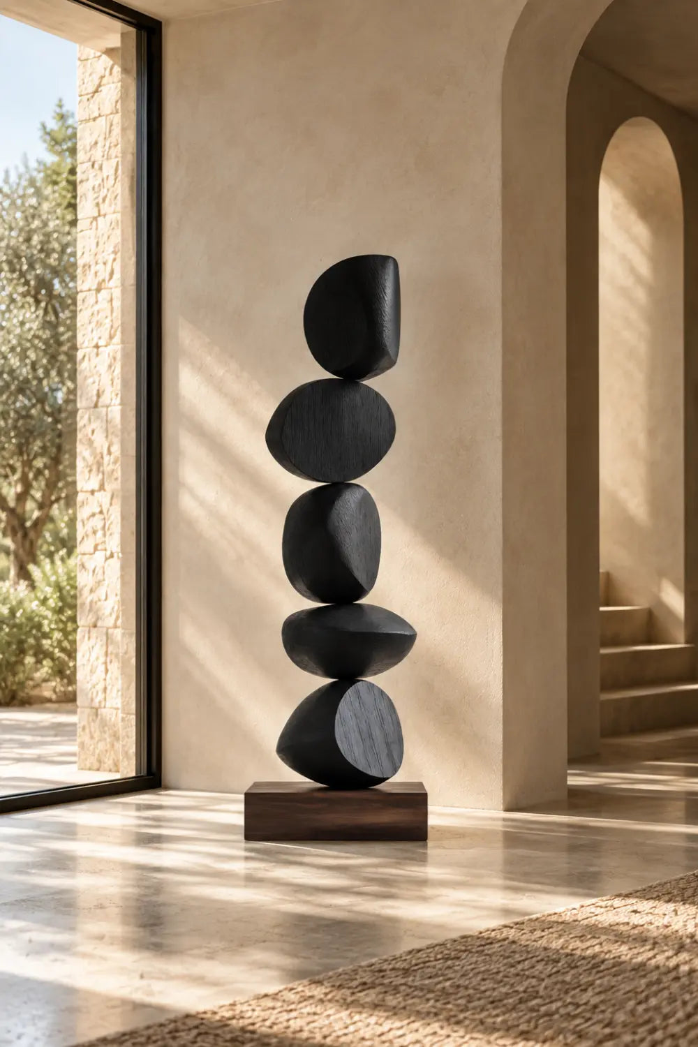 Large Black Abstract Wood Sculpture For Modern Home Decor