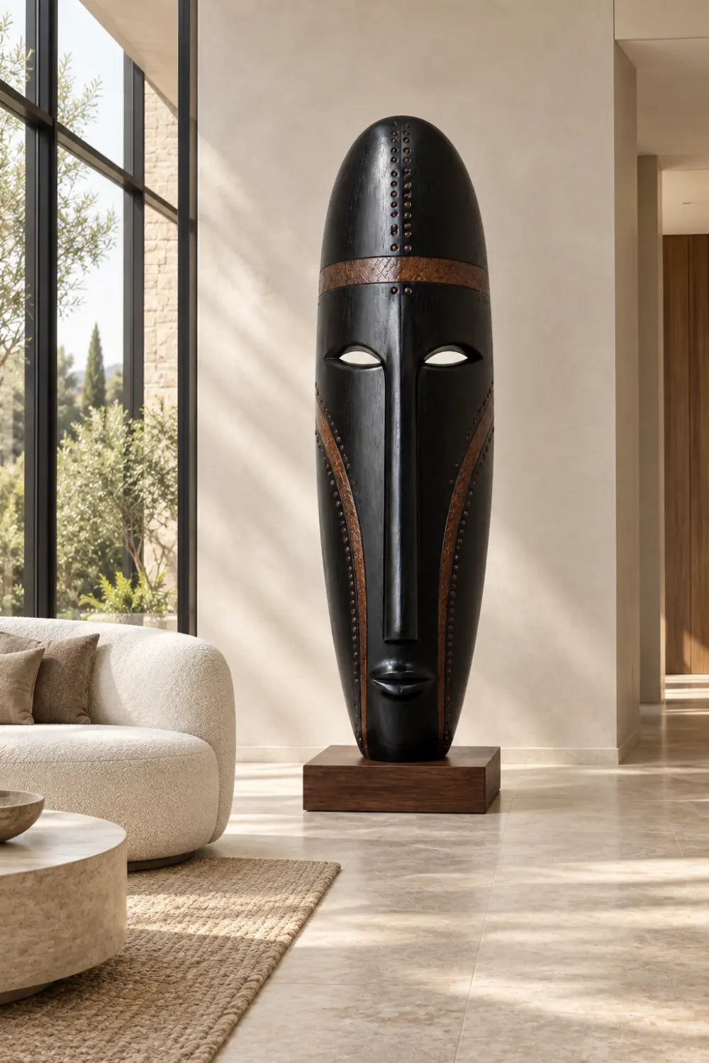 Large Black Walnut Wood Tribal Face Sculpture For Modern Home Decor