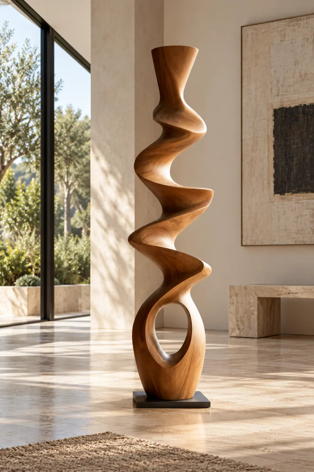 Swirling Wood Floor Sculpture | Tall Helical Statue For Living Space Decor