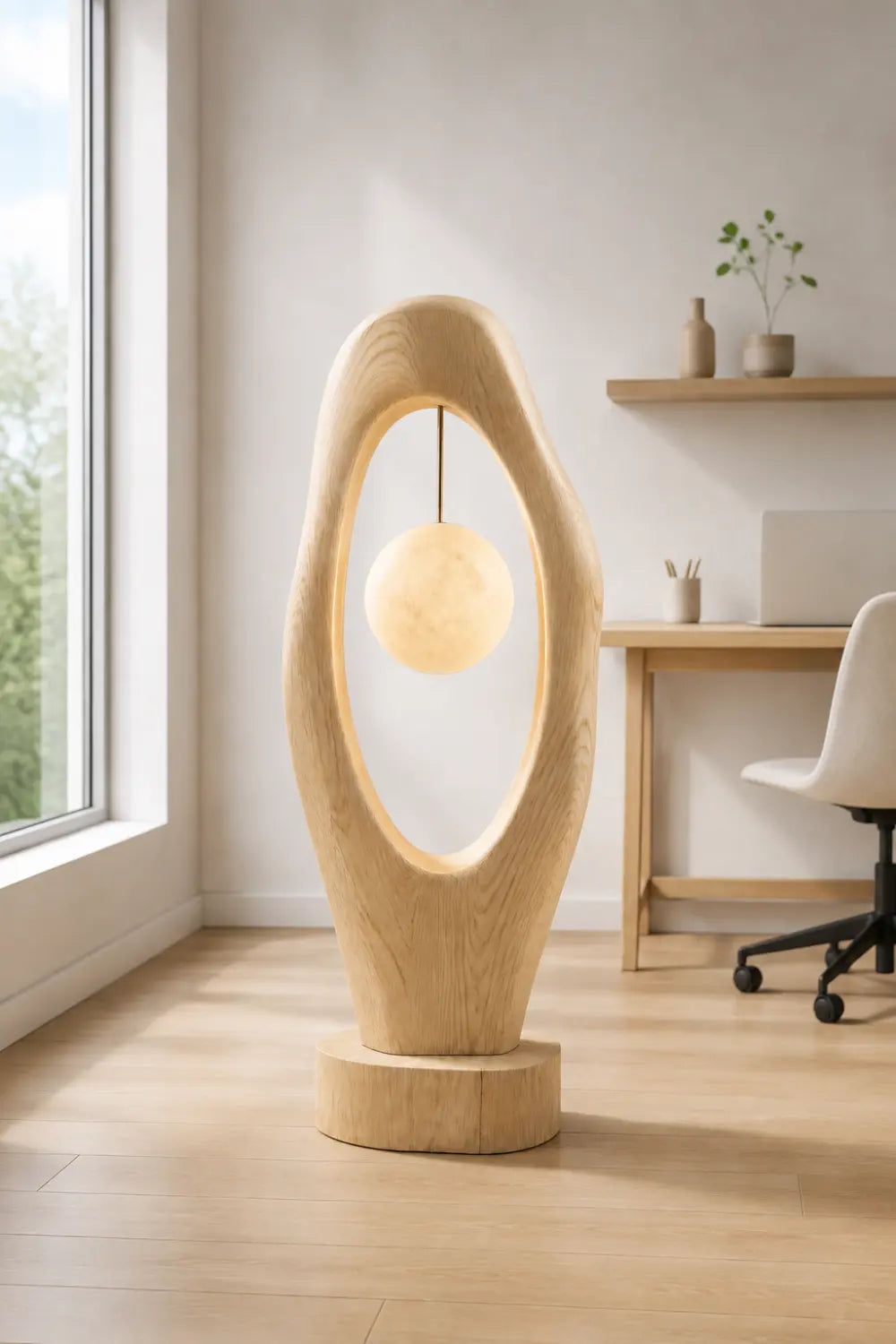 Abstract Sculptural Wood Floor Lamp With Hanging Orb Light As Artistic Home Decor Piece