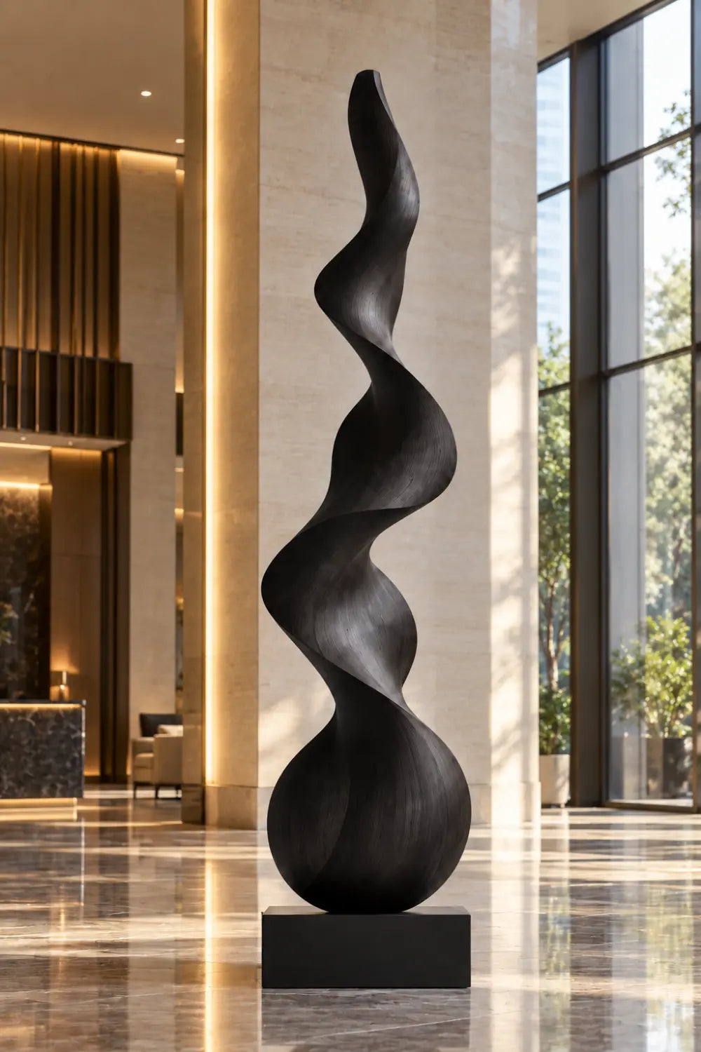 Large Black Spiral Wood Floor Sculpture | Modern Standing Statue For Living Space