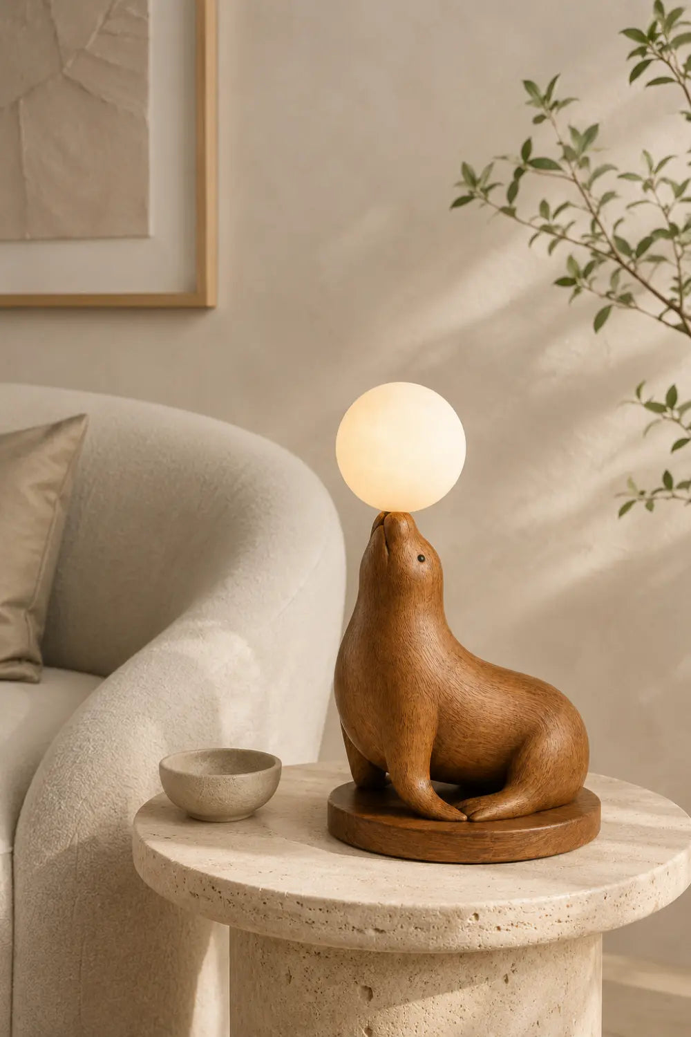 Hand Carved Wooden Seal Lamp With Glowing Orb For Modern Home Decor