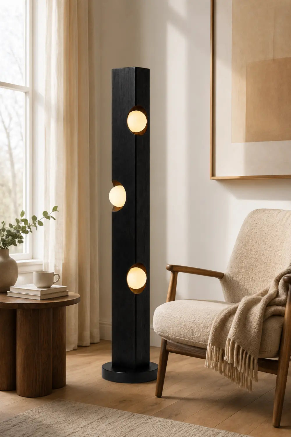 Sculptural Wooden Floor Lamp Abstract Black Timber Light Fixture For Art Gallery Style Home Interiors