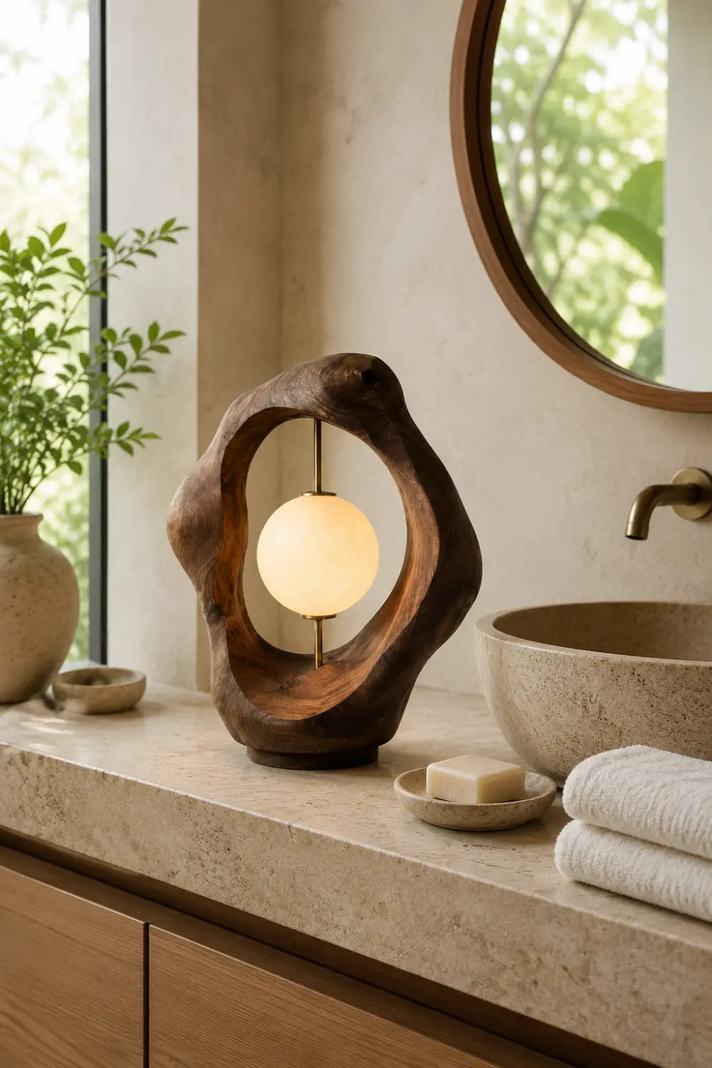 Biomorphic Wood Loop Table Lamp | Abstract Fluid Halo Desk Light For Space Decor