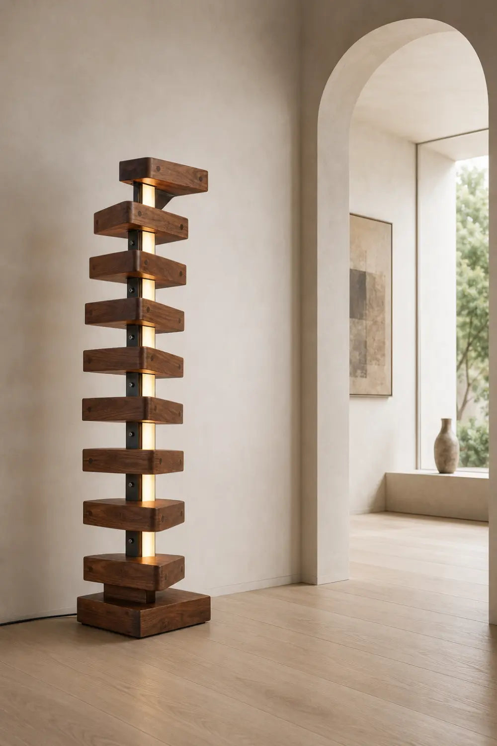 Handcrafted Solid Wood Floor Lamp With Geometric Stacked Design And LED