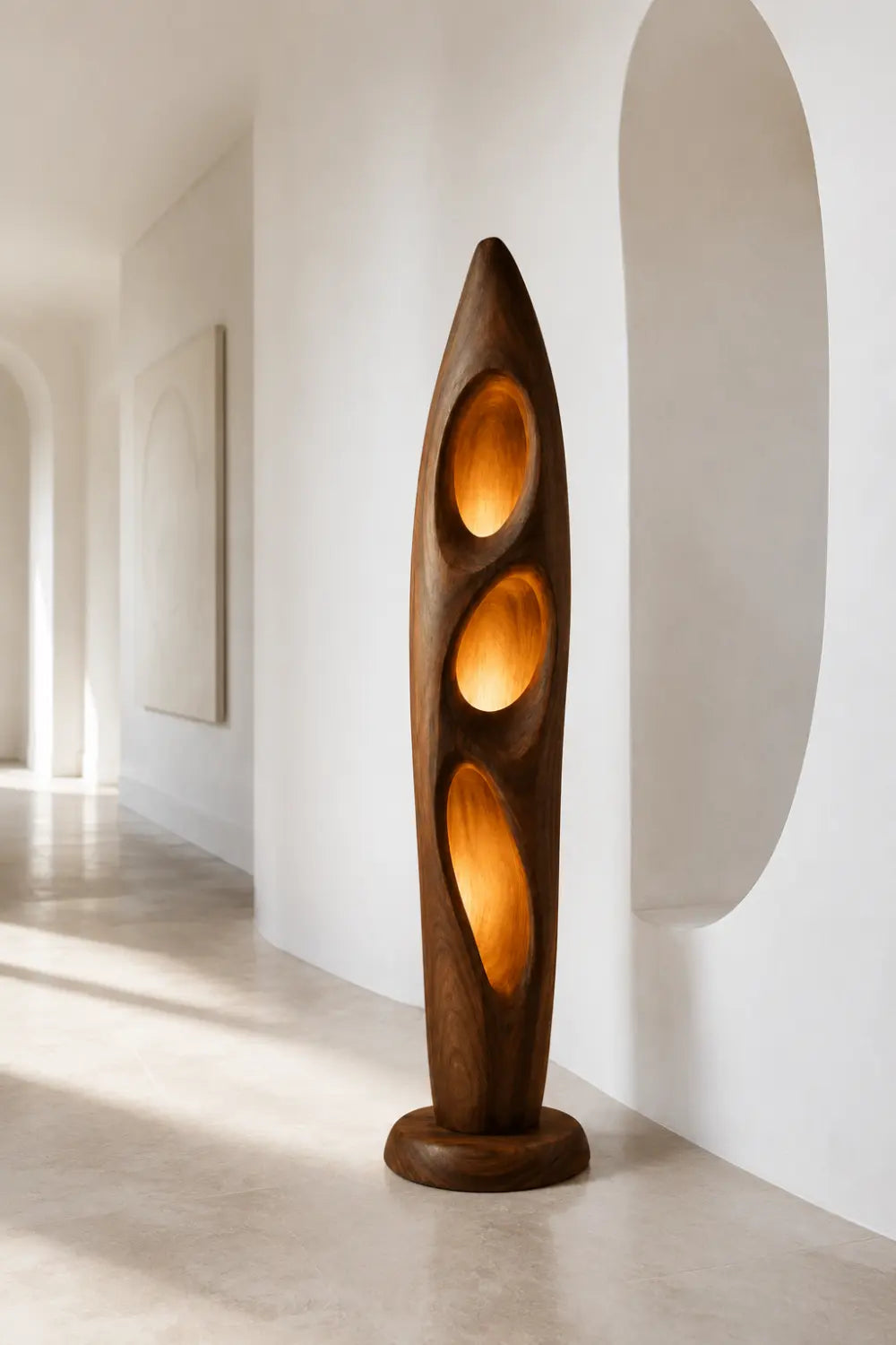 Sculptural Wood Floor Lamp With Organic Hollows And Warm Ambient Light