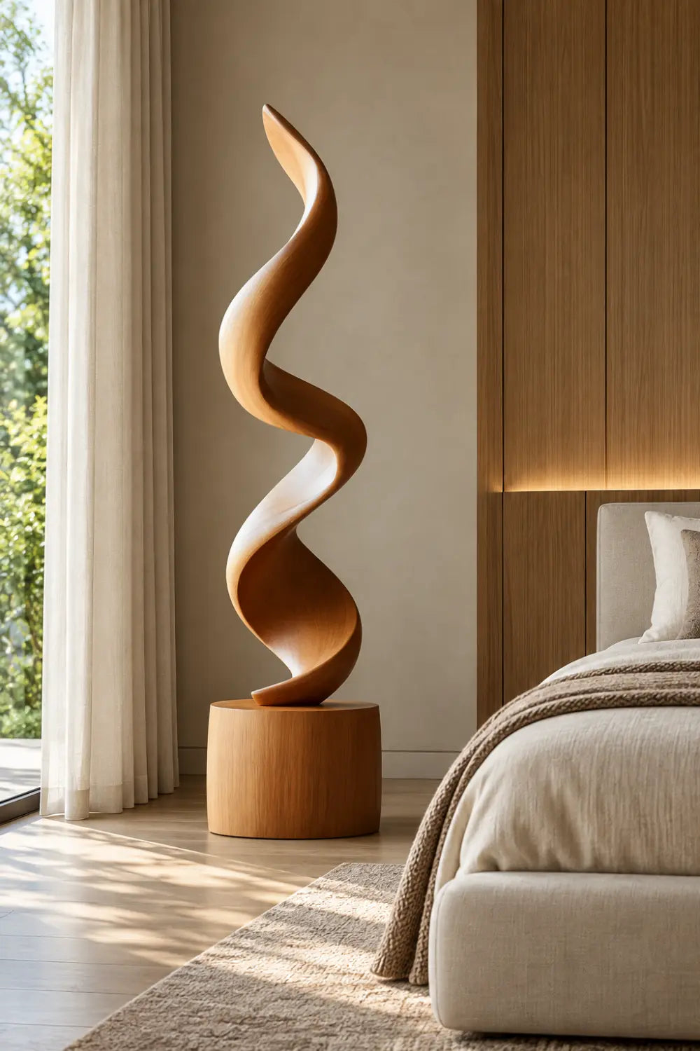 Large Spiral Oak Wood Sculpture Modern Abstract Floor Standing Statue For Home Decor