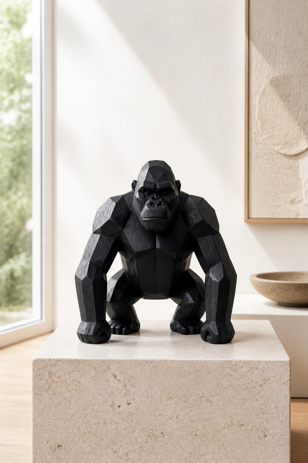 Hand-Carved Geometric Gorilla Wood Sculpture Modern Abstract Animal Art For Home Decor