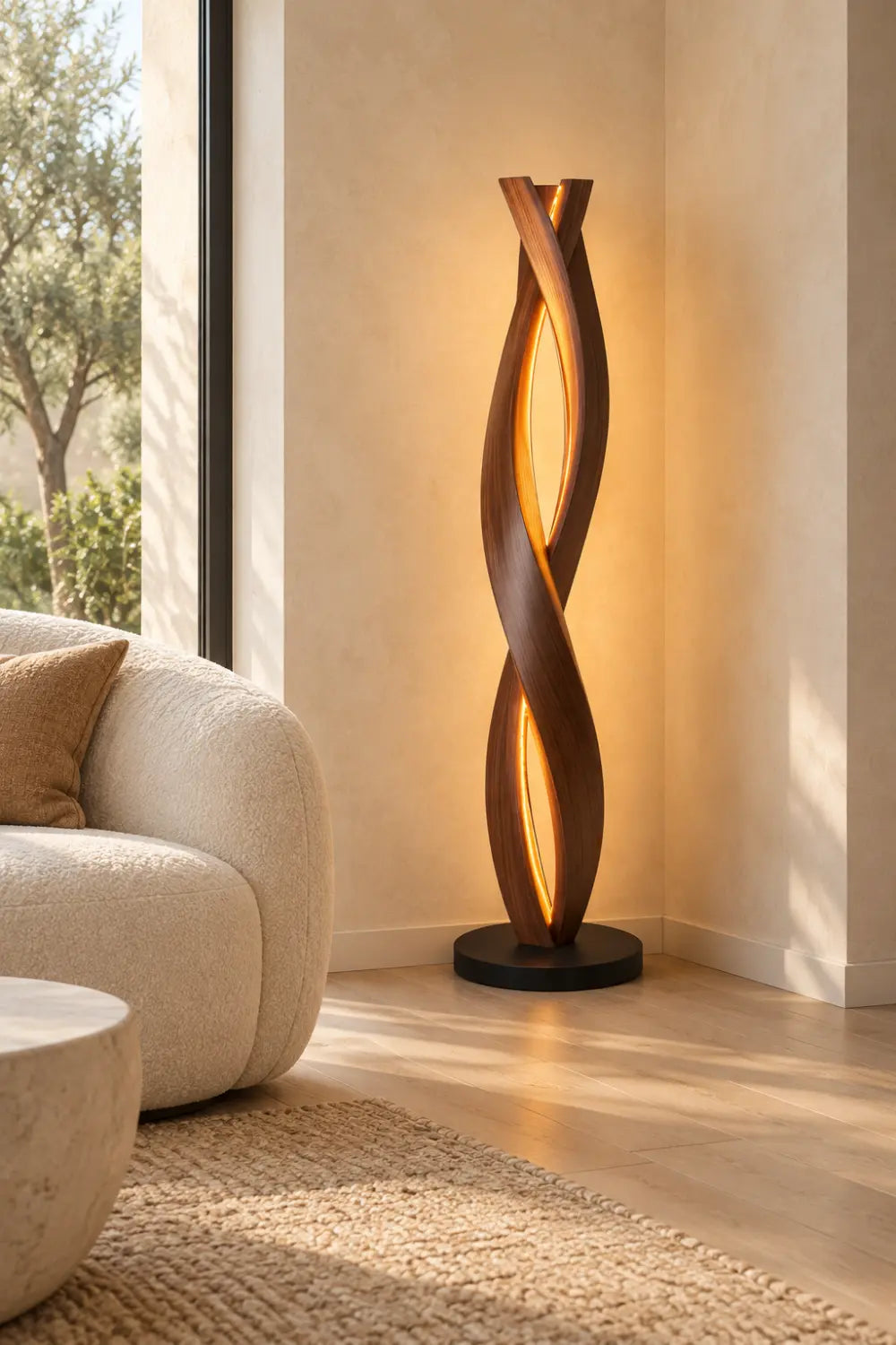 Handcrafted Walnut Floor Lamp With Spiraling Abstract Form For Modern Living Rooms