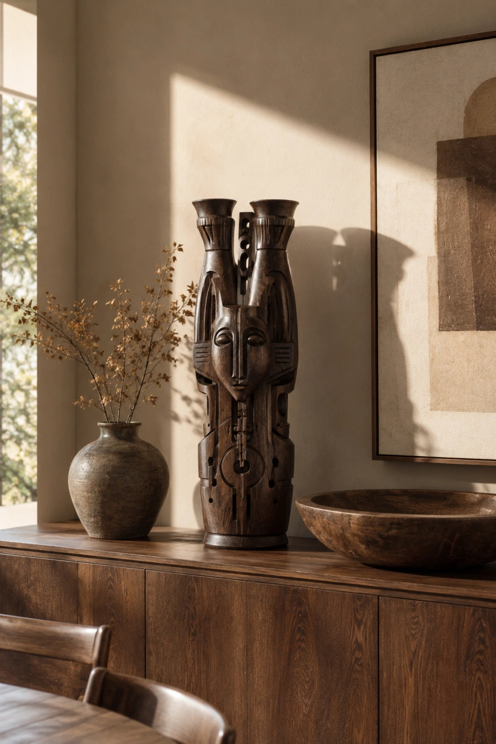 Hand-Carved African Tribal Wooden Floor Vase Large Abstract Sculpture For Modern Home Decor