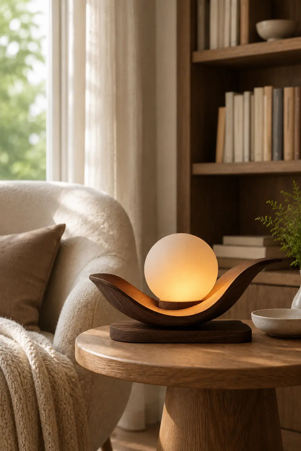 Minimalist Wooden Cradle Desk Lamp | Horizontal Sphere Tray Accent Light | Cozy Space Gift