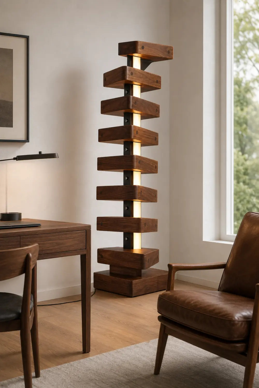 Handcrafted Solid Wood Floor Lamp With Geometric Stacked Design And LED