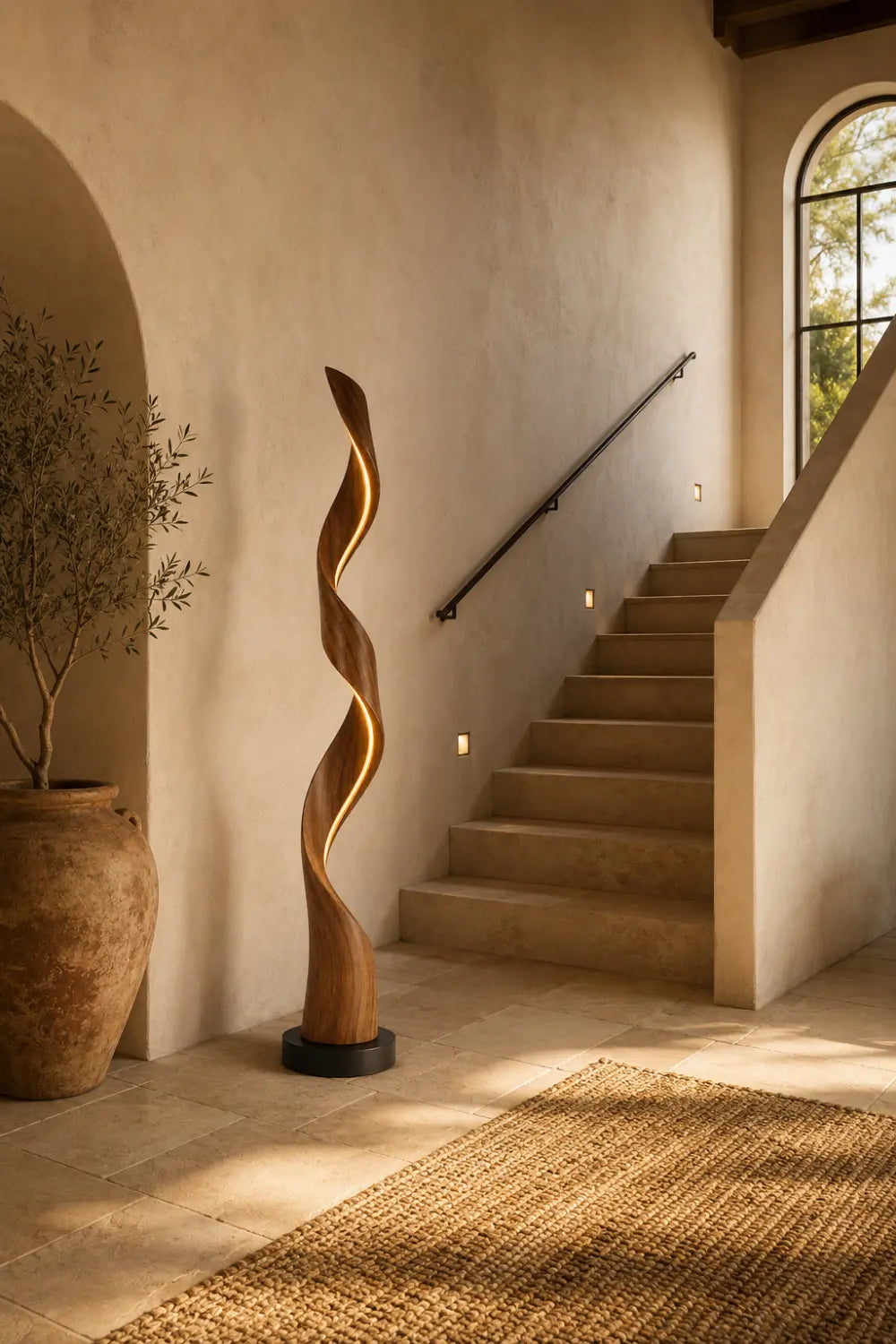 Handcrafted Spiral Wooden Floor Lamp With Warm LED Light For Modern Living Rooms And Luxury Interiors