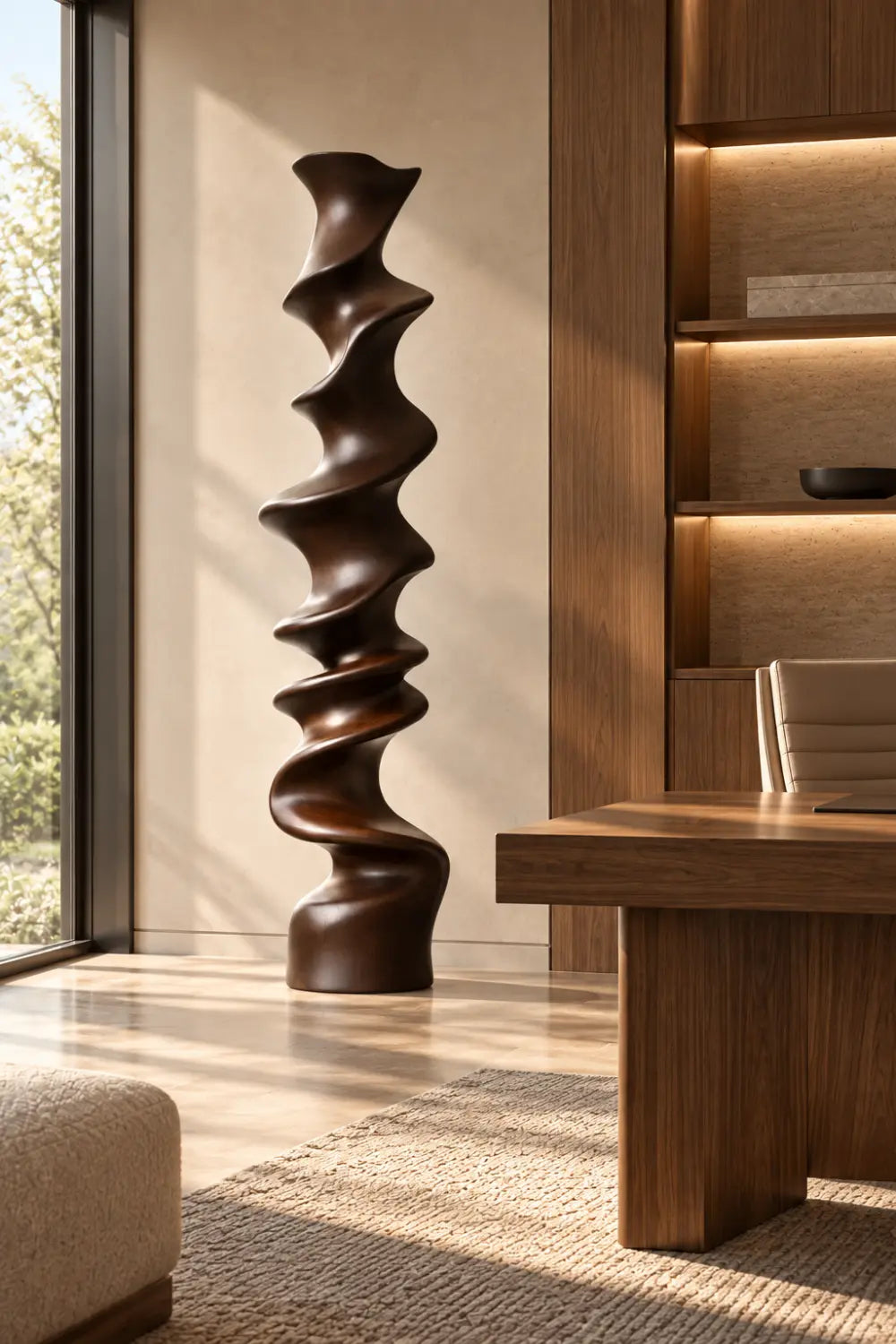Large Abstract Walnut Wood Floor Sculpture For Modern Home Decor And Living Room Accent