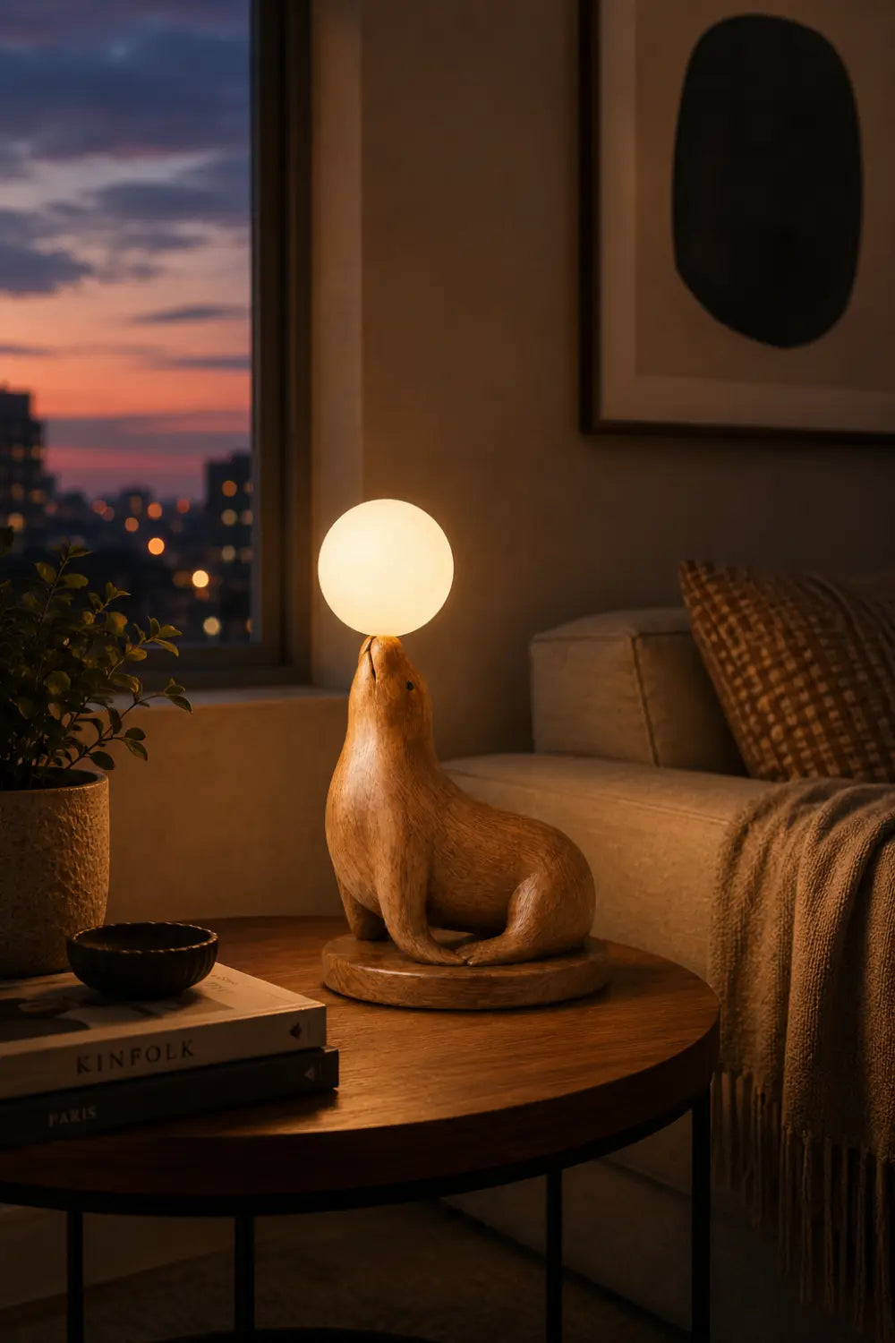 Hand Carved Wooden Seal Lamp With Glowing Orb For Modern Home Decor