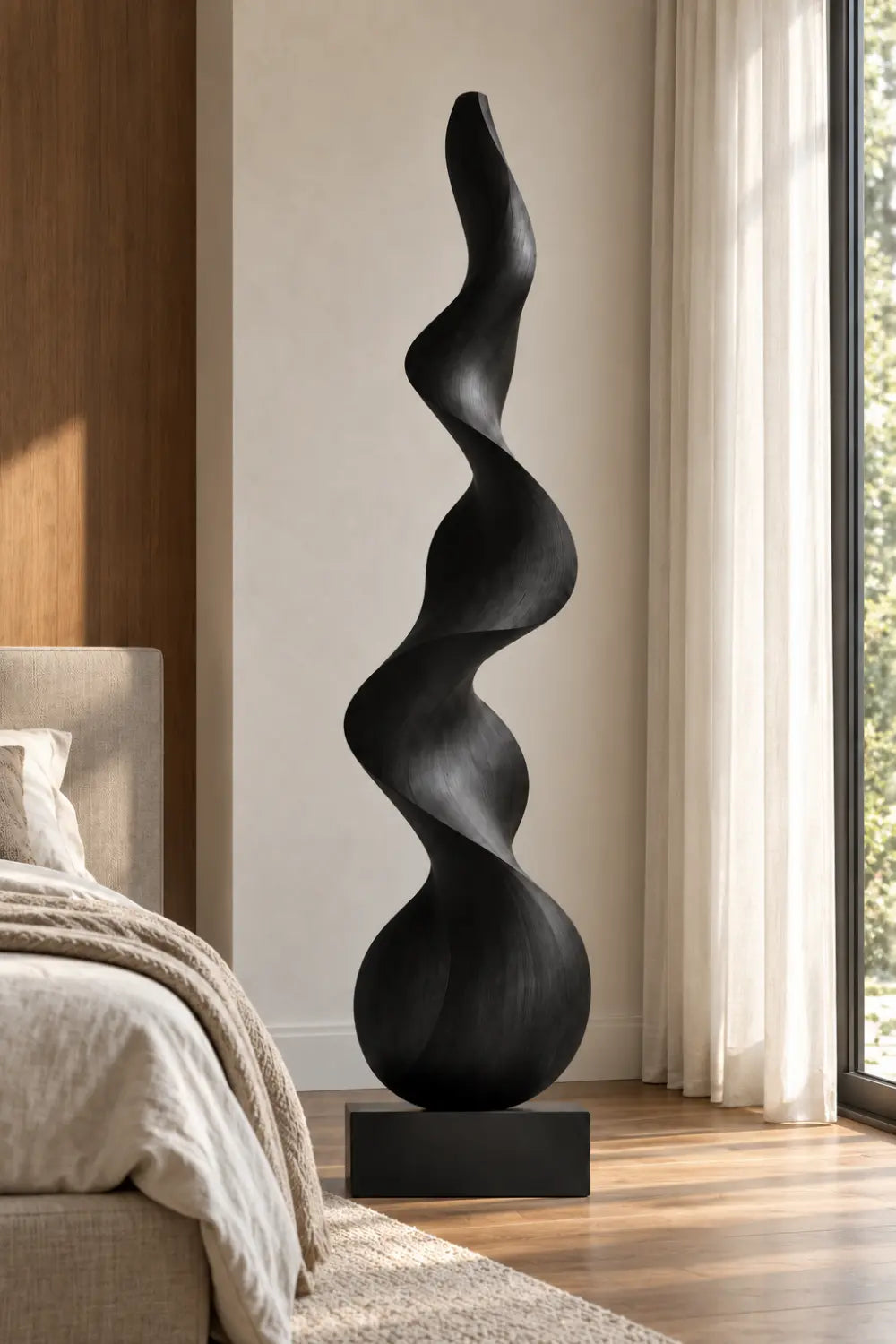 Large Black Spiral Wood Floor Sculpture | Modern Standing Statue For Living Space