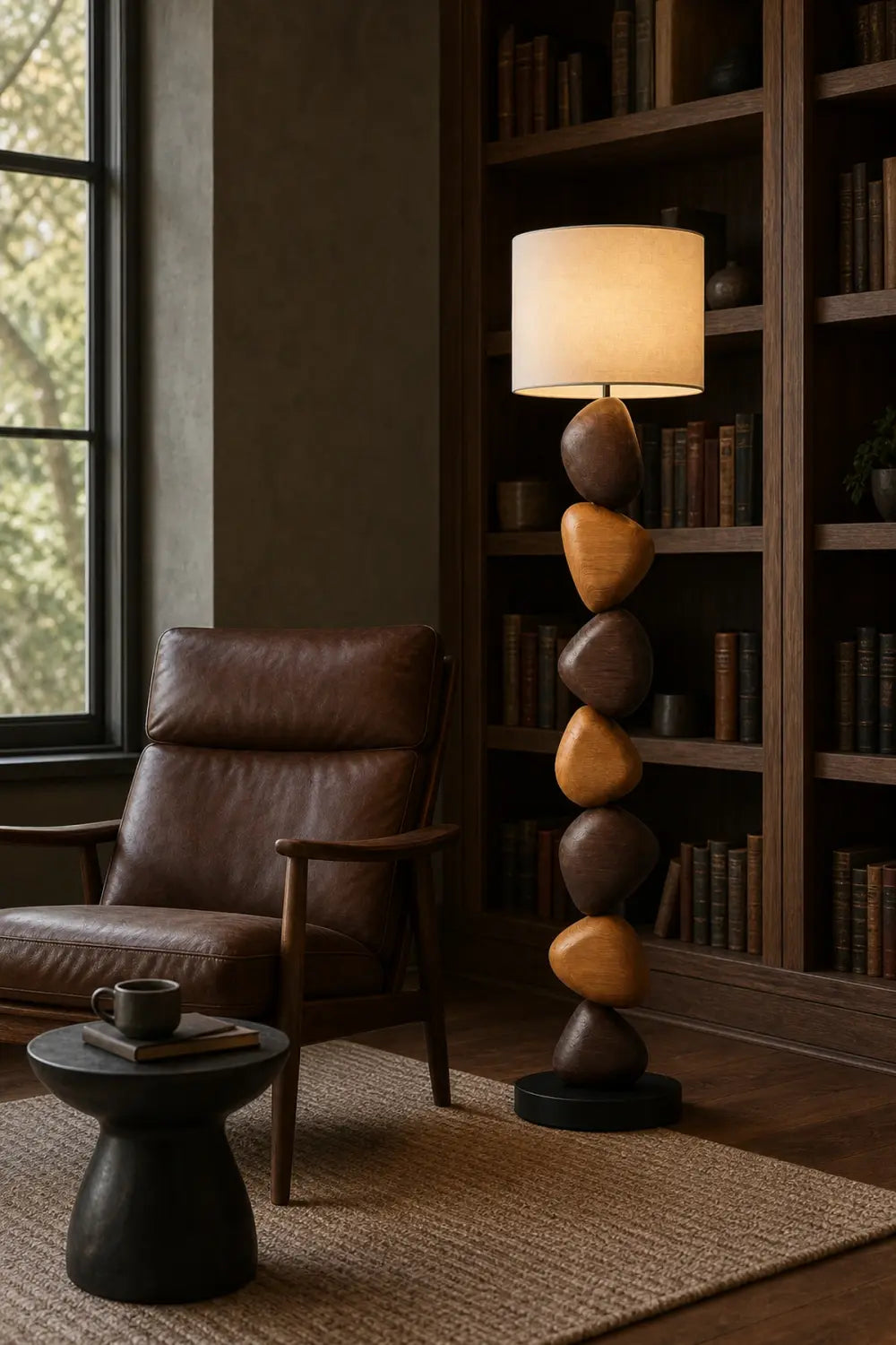 Modern Abstract Wood Floor Lamp With Stacked Pebble Design For Living Room Decor