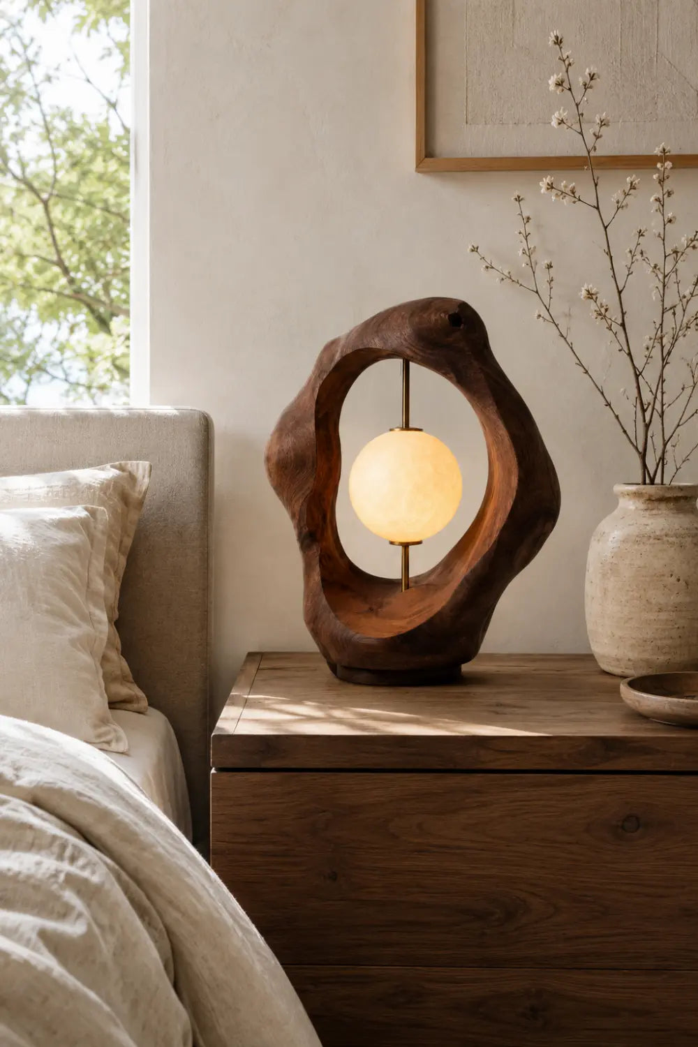 Biomorphic Wood Loop Table Lamp | Abstract Fluid Halo Desk Light For Space Decor