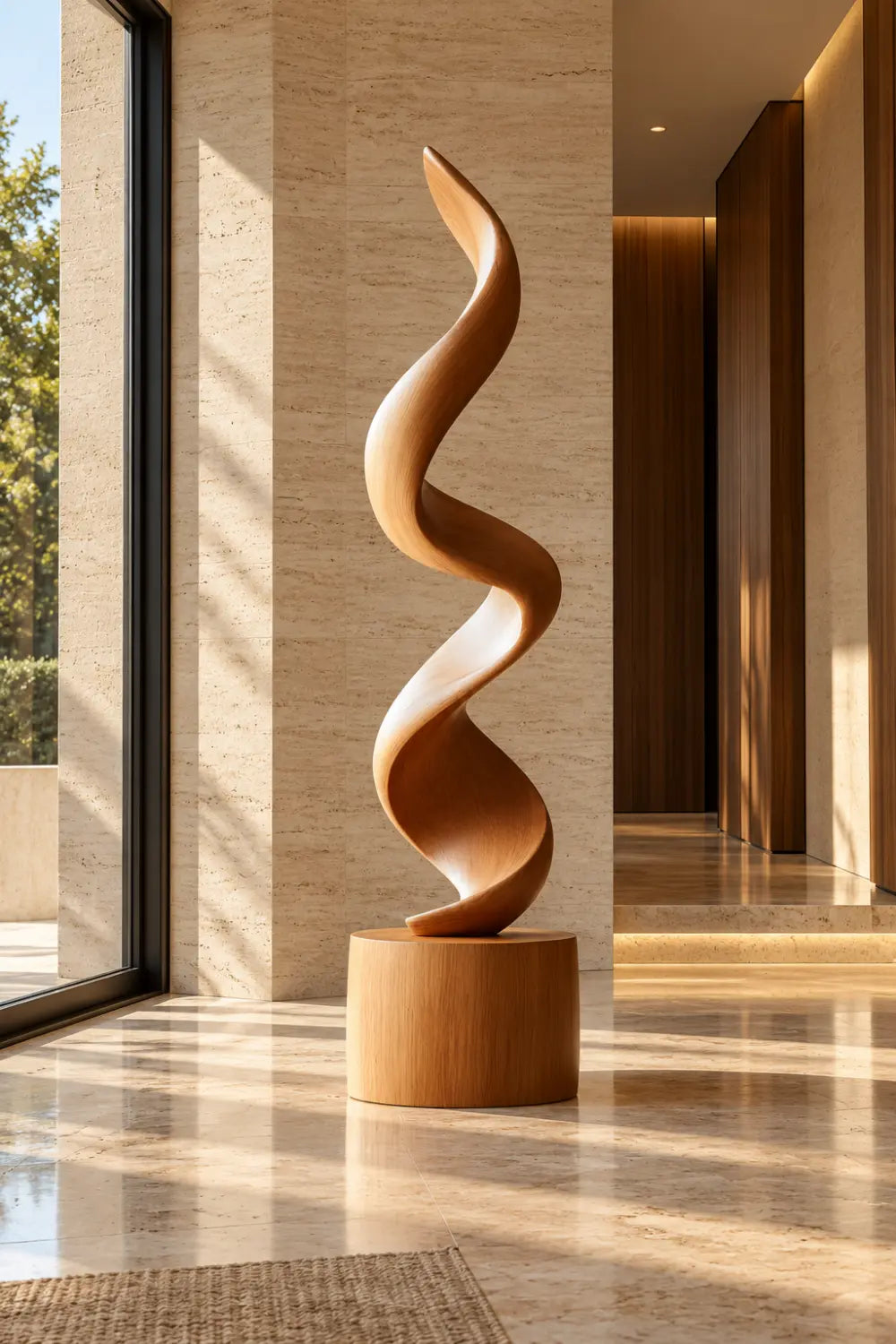 Large Spiral Oak Wood Sculpture Modern Abstract Floor Standing Statue For Home Decor