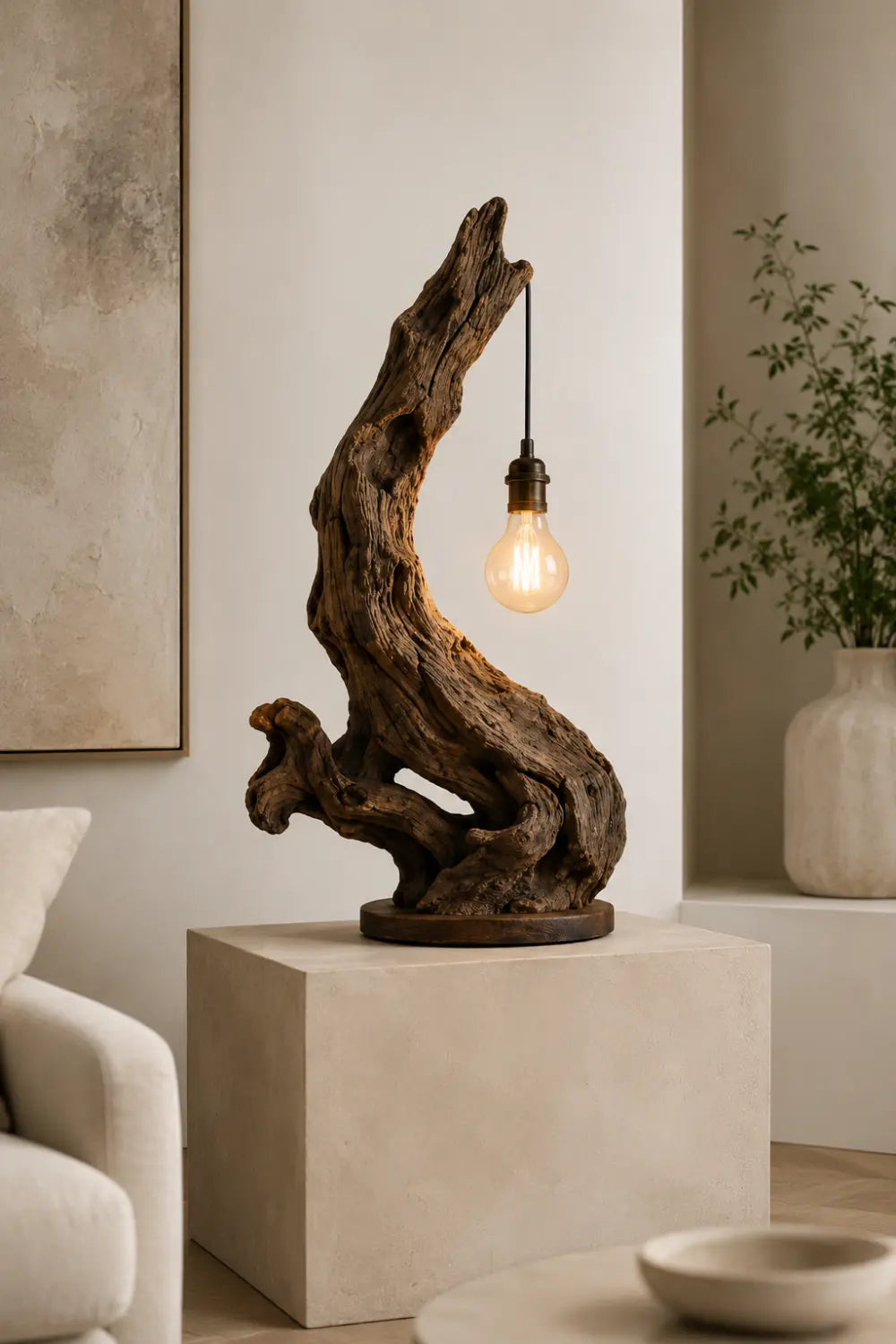 Natural Reclaimed Wood Log Table Lamp | Exposed Filament Bulb Lantern For Space Decor