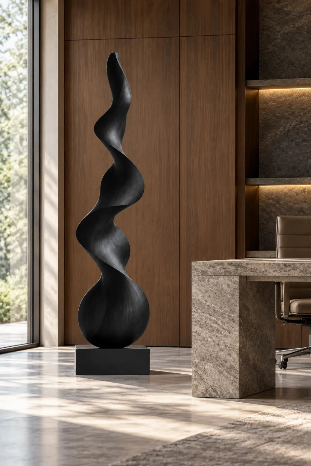 Large Black Spiral Wood Floor Sculpture | Modern Standing Statue For Living Space