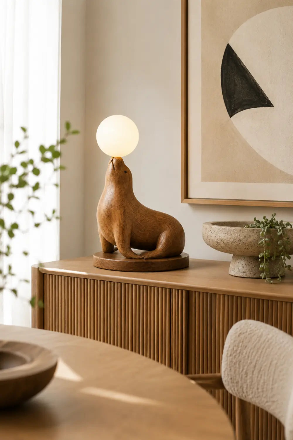 Hand Carved Wooden Seal Lamp With Glowing Orb For Modern Home Decor