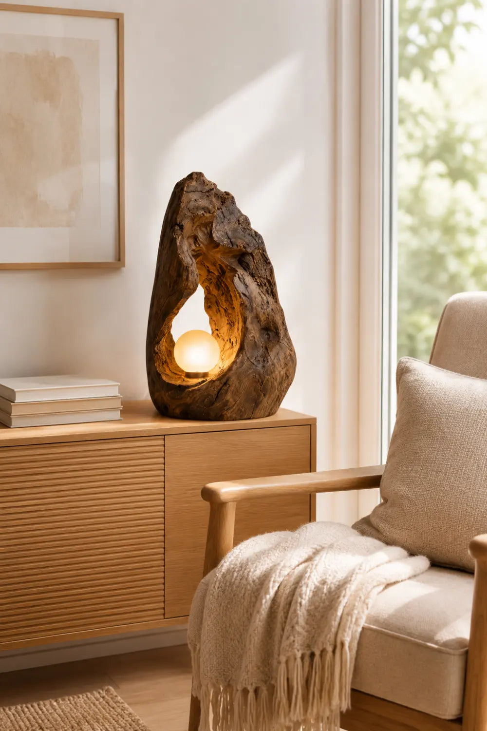 Hand Carved Organic Wood Table Lamp With Warm Glow For Modern Living Rooms