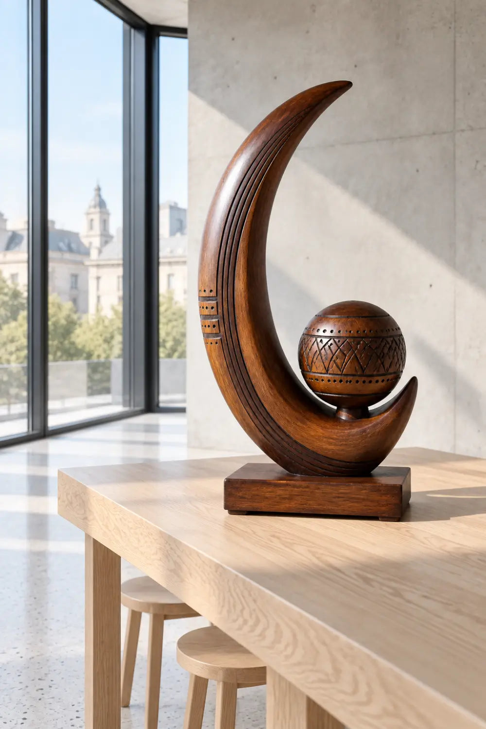 Artisan Carved Wooden Sculpture Abstract Sphere And Crescent Tabletop Art