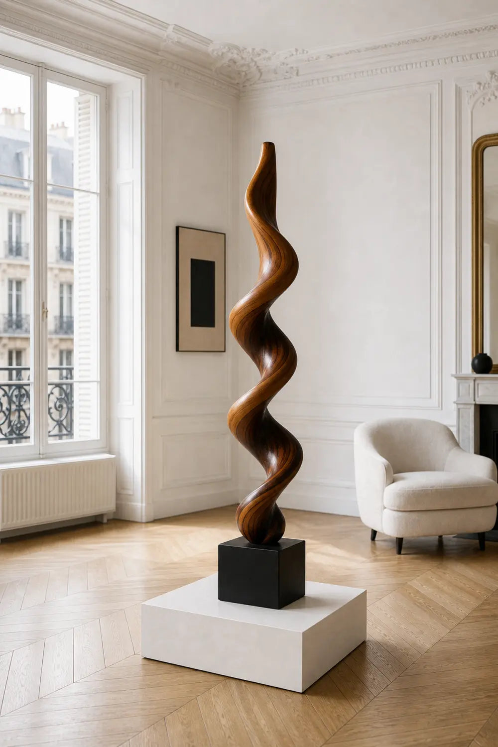 Large Hand-Carved Walnut Wood Spiral Sculpture For Modern Abstract Home Decor