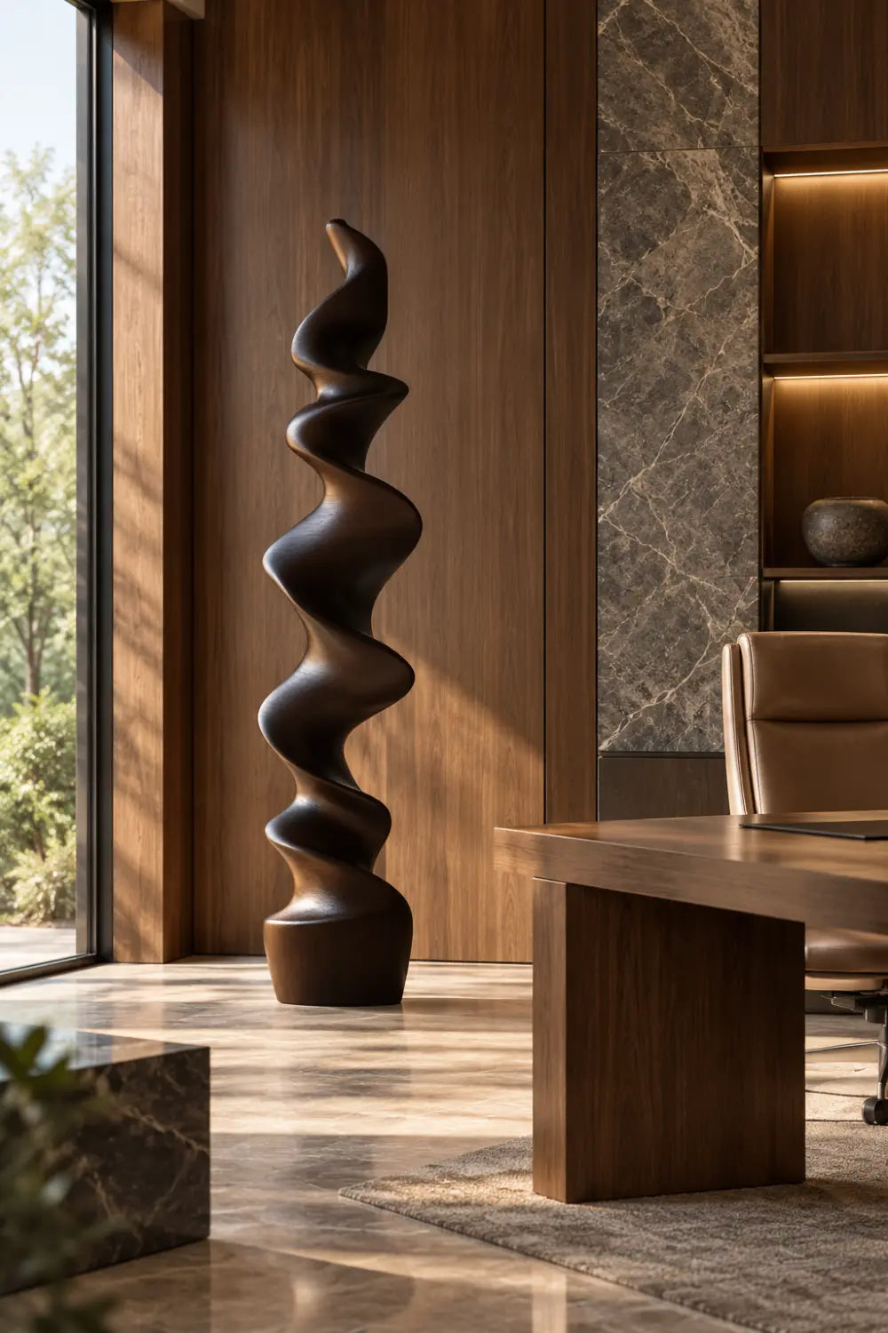 Large Abstract Spiral Wood Sculpture For Modern Home Decor