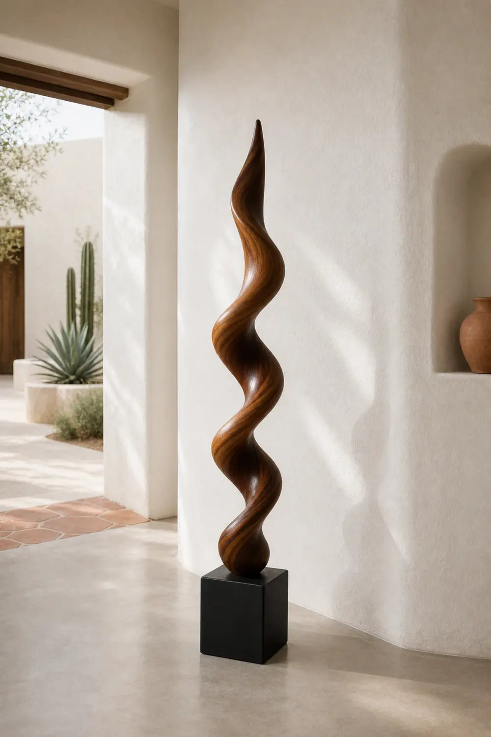 Large Abstract Walnut Wood Spiral Sculpture For Modern Home Decor And Gallery Display