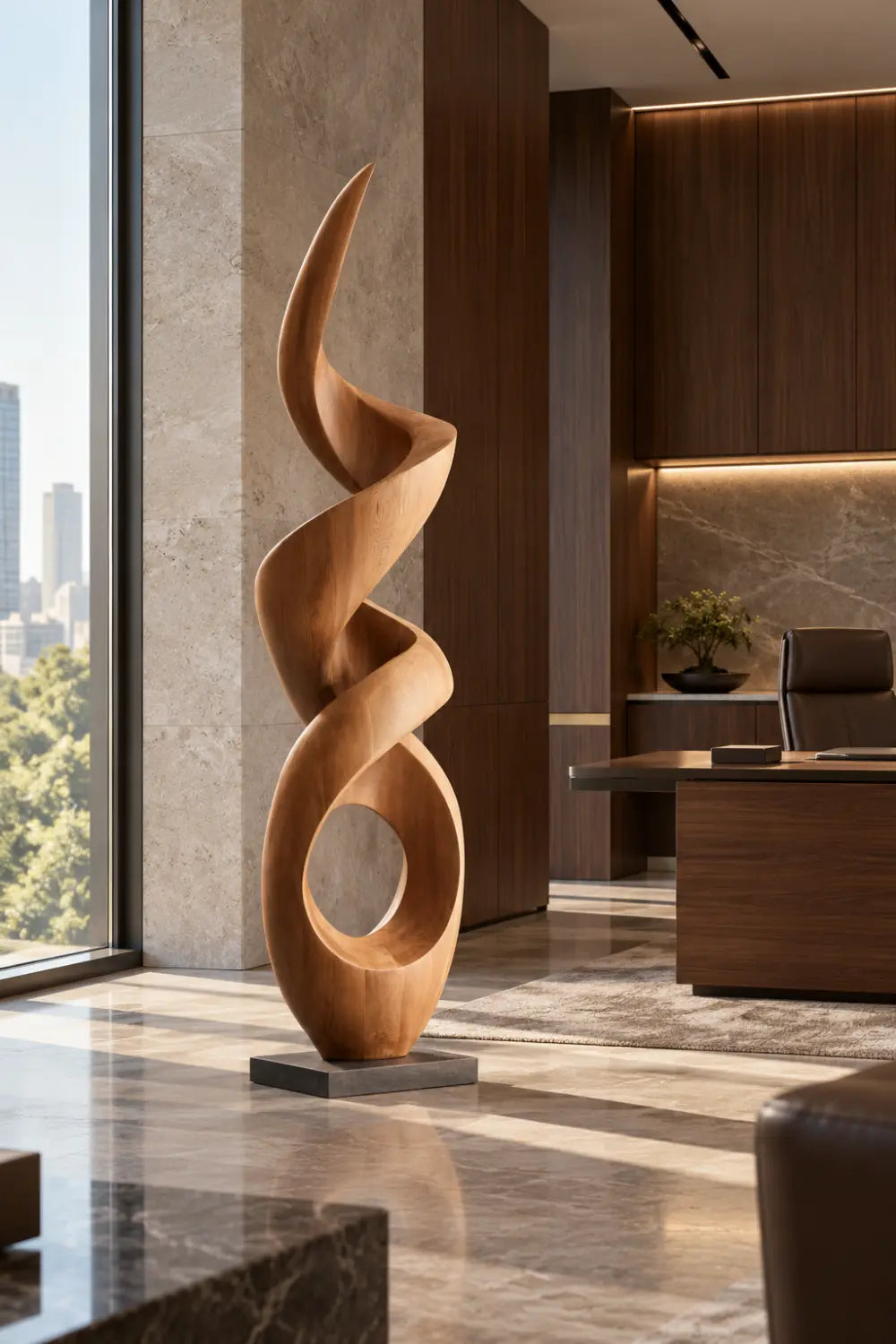 Large Walnut Wood Spiral Abstract Sculpture For Modern Home Decor And Gallery Display