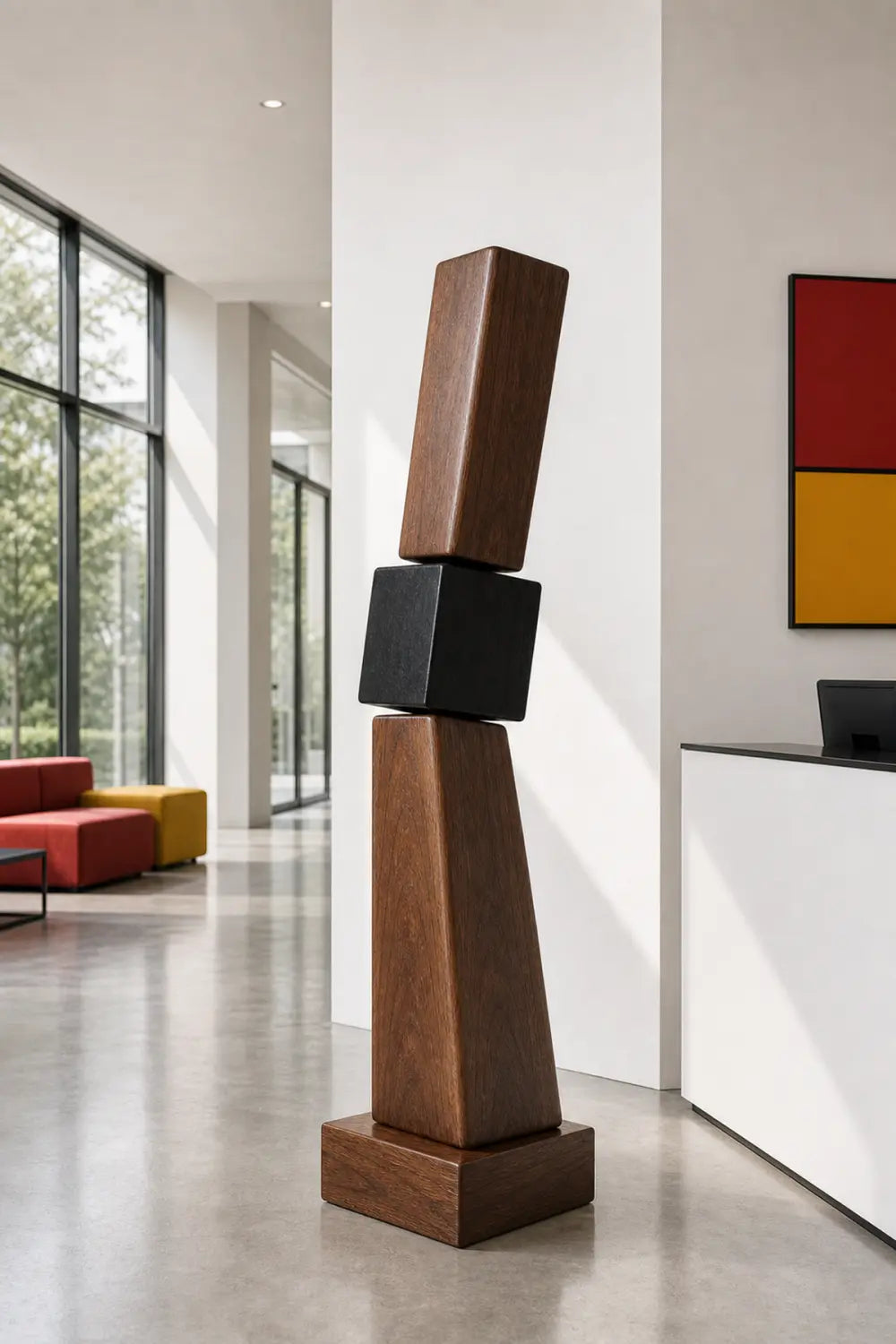 Large Hand-Carved Wooden Abstract Sculpture For Modern Home Decor - Geometric Walnut Art