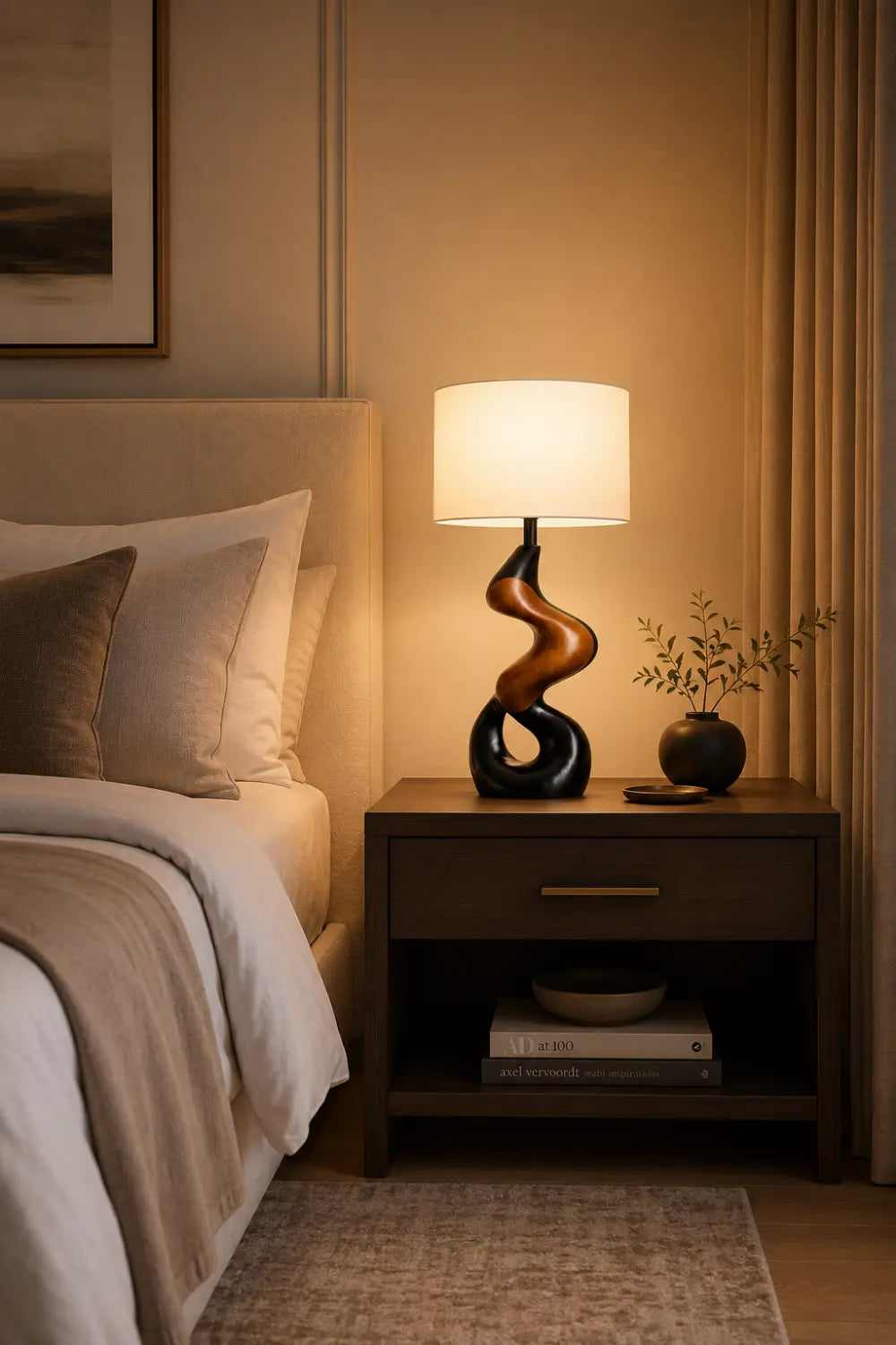 Artistic Twisted Wood Desk Lamp Creating Warm Ambiance In Study Or Office Space
