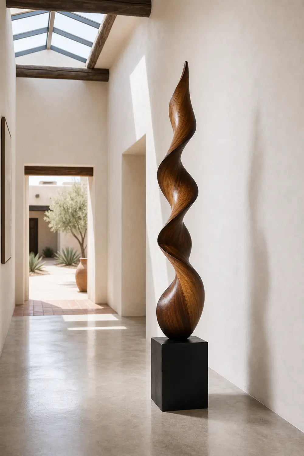 Large Abstract Walnut Wood Spiral Sculpture For Modern Home Decor And Gallery Display