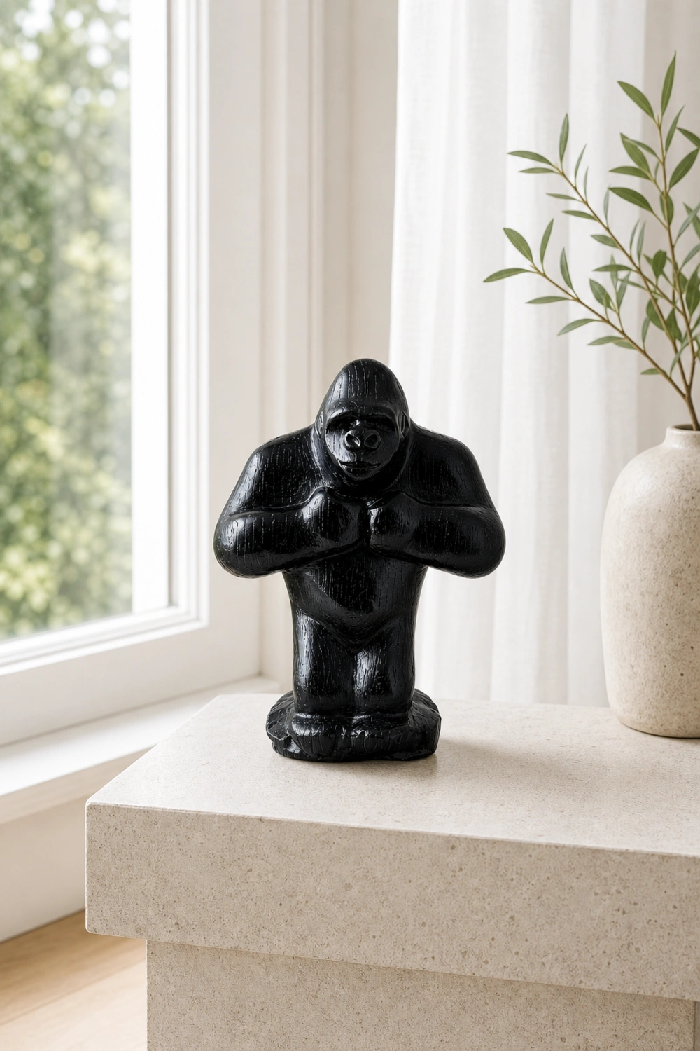 Hand Carved Gorilla Wood Sculpture - Modern Animal Desk Decor For Home Office