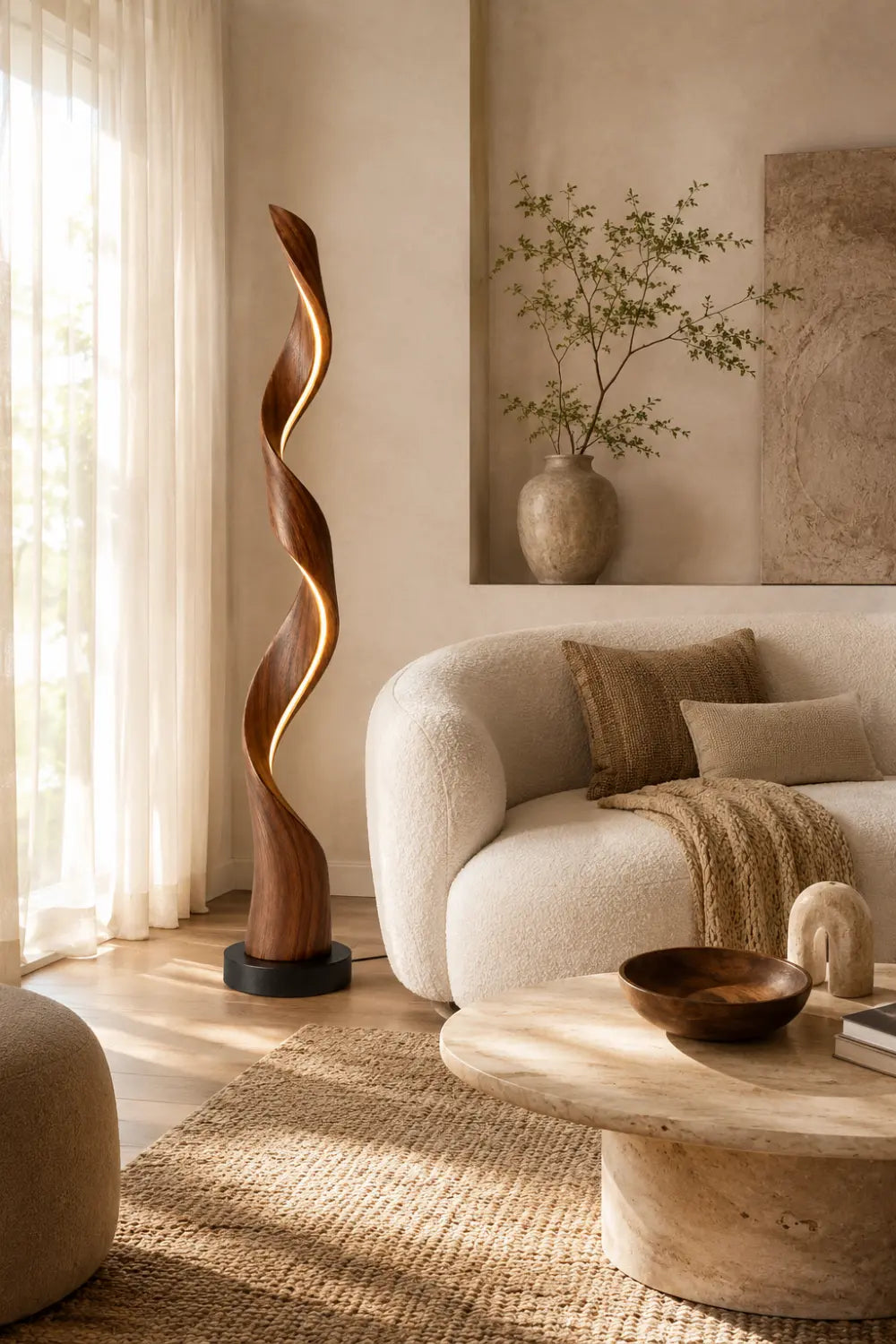 Handcrafted Spiral Wooden Floor Lamp With Warm LED Light For Modern Living Rooms And Luxury Interiors